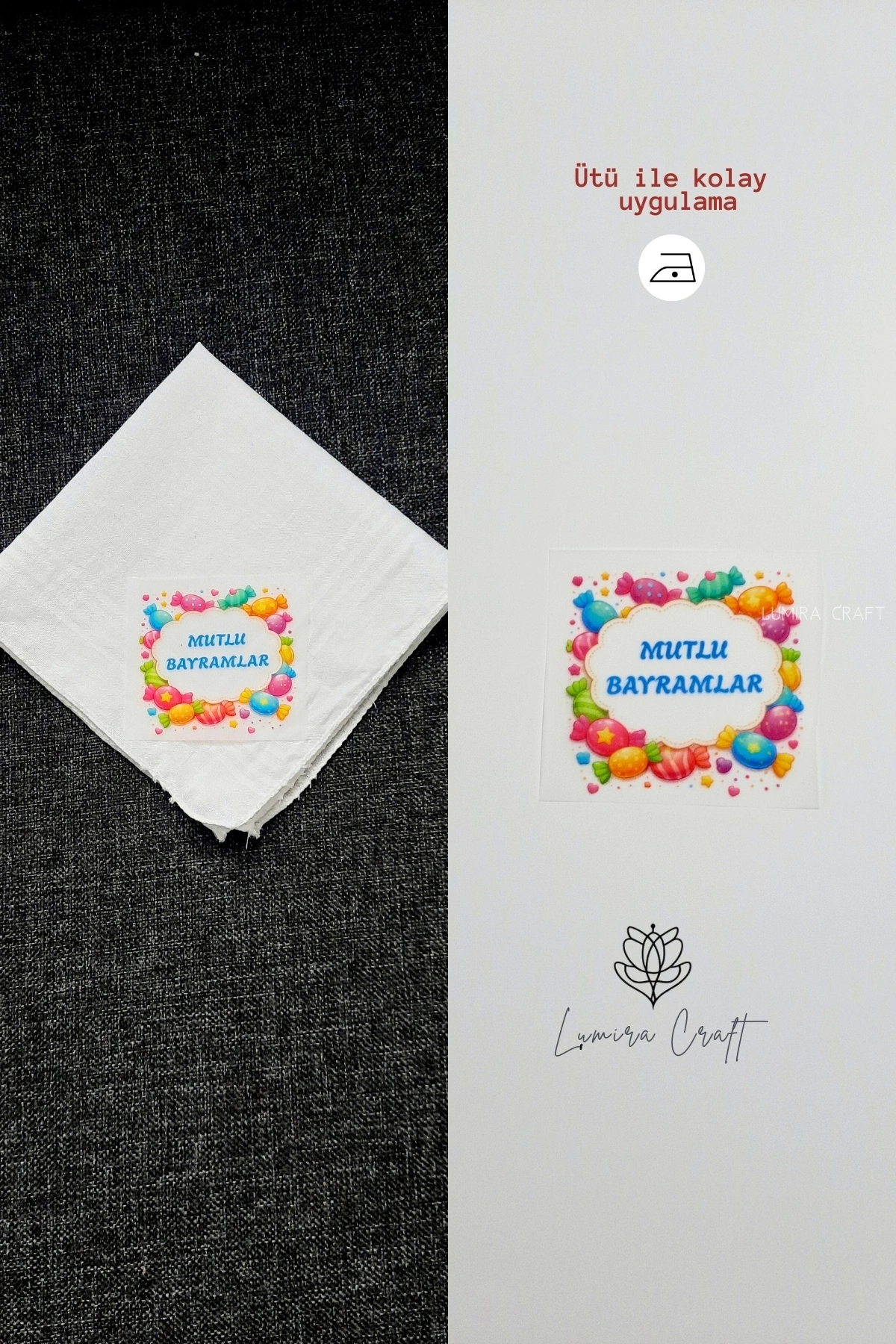 Renkli Mutlu Bayramlar Mendil ve Kese Baskı Kağıdı, Kumaşa Ütü ile Yapışan DTF Transfer, Ramazan