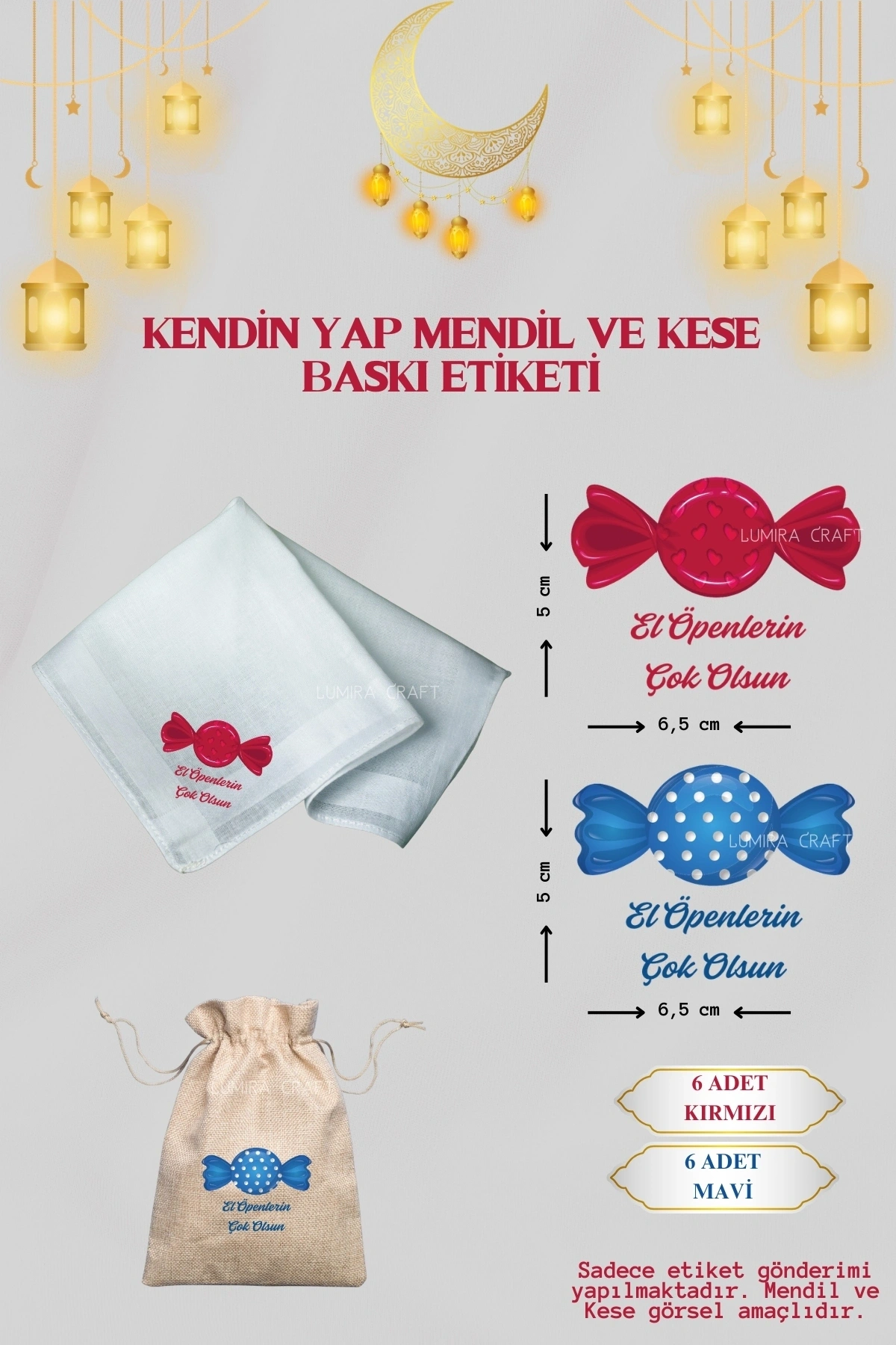 Mavi ve Kırmızı Şeker Mendil ve Kese Baskı Kağıdı, Ütü ile Yapışan DTF Transfer, Ramazan Bayramı