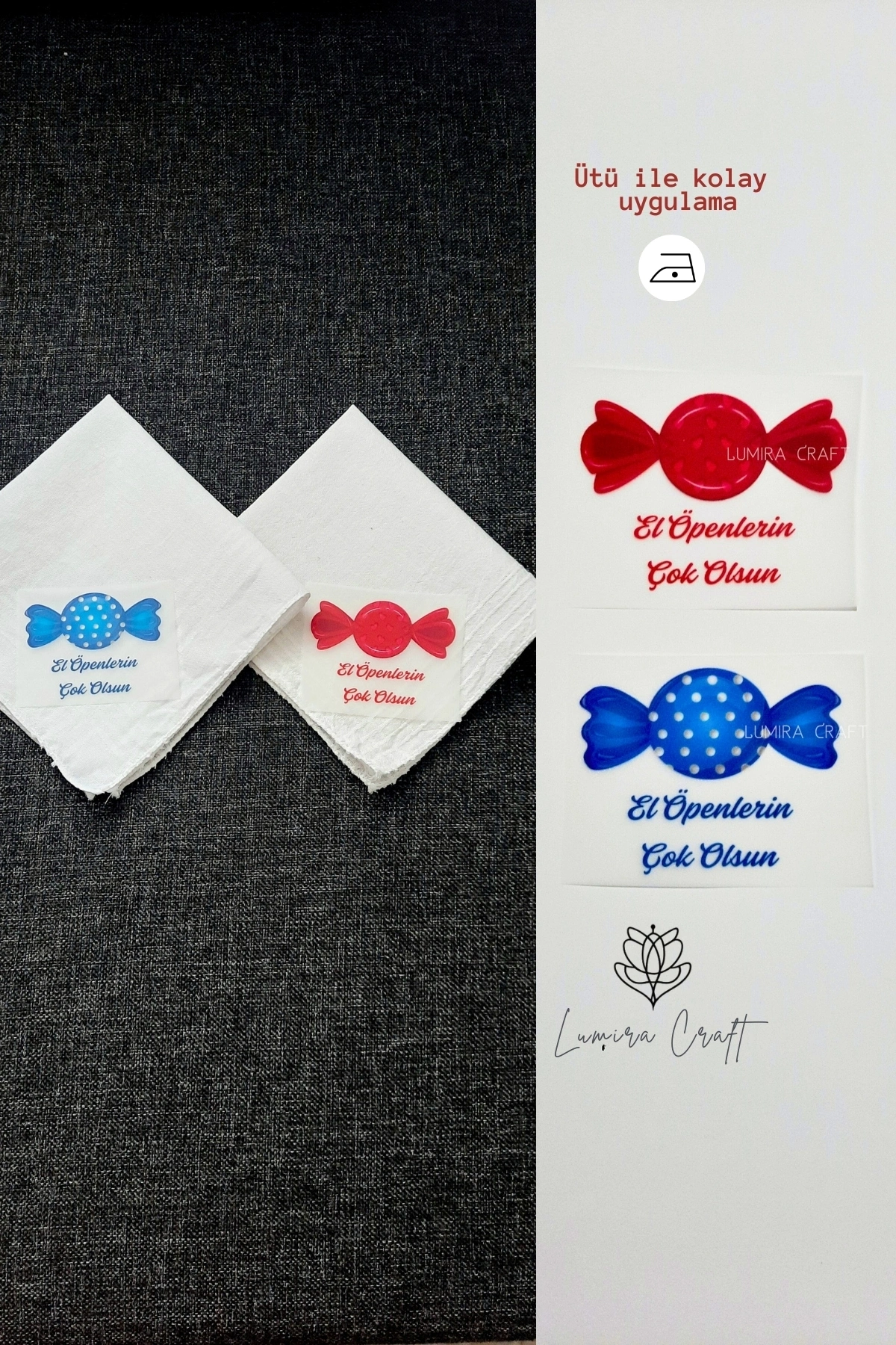 Mavi ve Kırmızı Şeker Mendil ve Kese Baskı Kağıdı, Ütü ile Yapışan DTF Transfer, Ramazan Bayramı