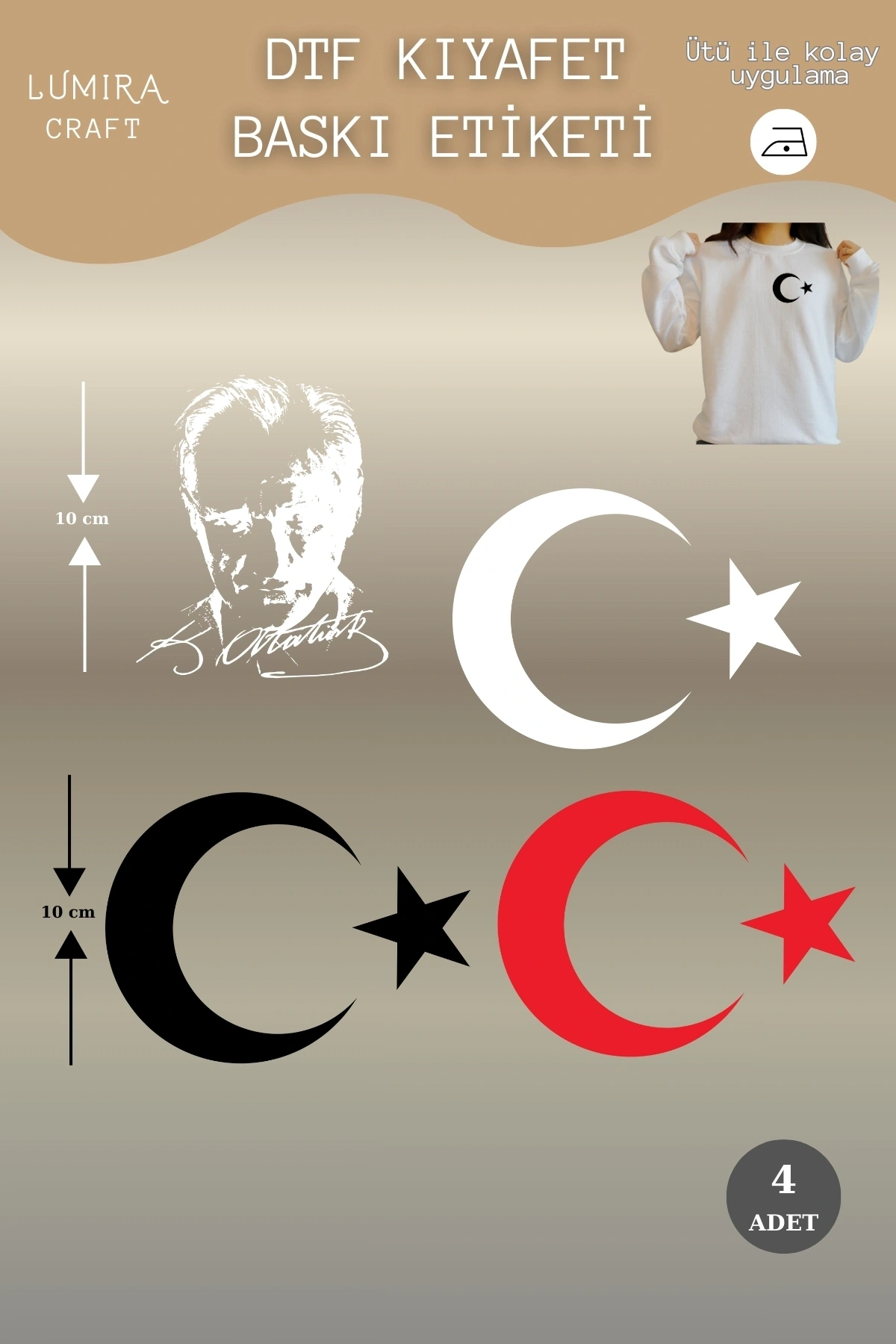 Siyah Kırmızı Beyaz Renkli Ay Yıldız ve Atatürk Kumaşa Ütü ile Yapışan DTF Transfer Baskı Kağıdı