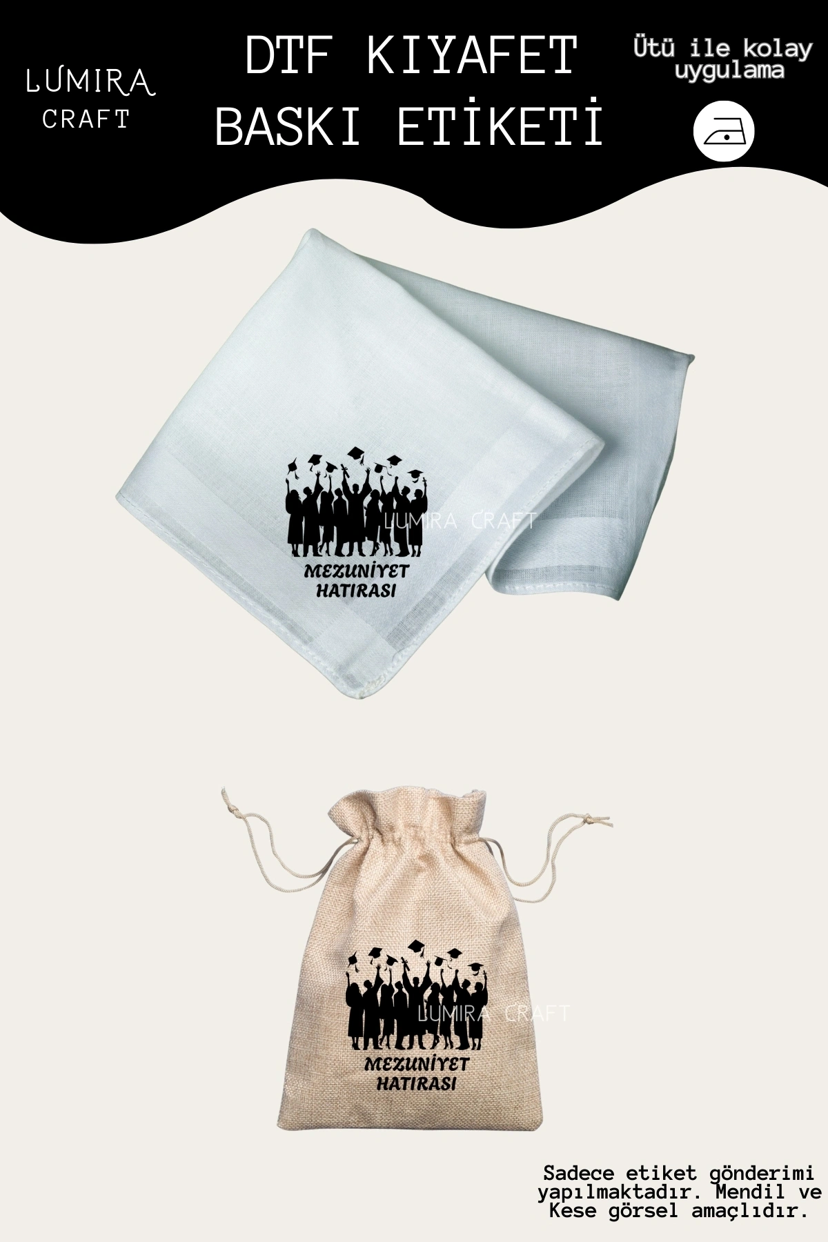 Mezuniyet Hatırası Siyah Kep-Mendil ve Kese Baskı Kağıdı-Okuma Bayramı, Ütü ile Yapışan DTF Transfer