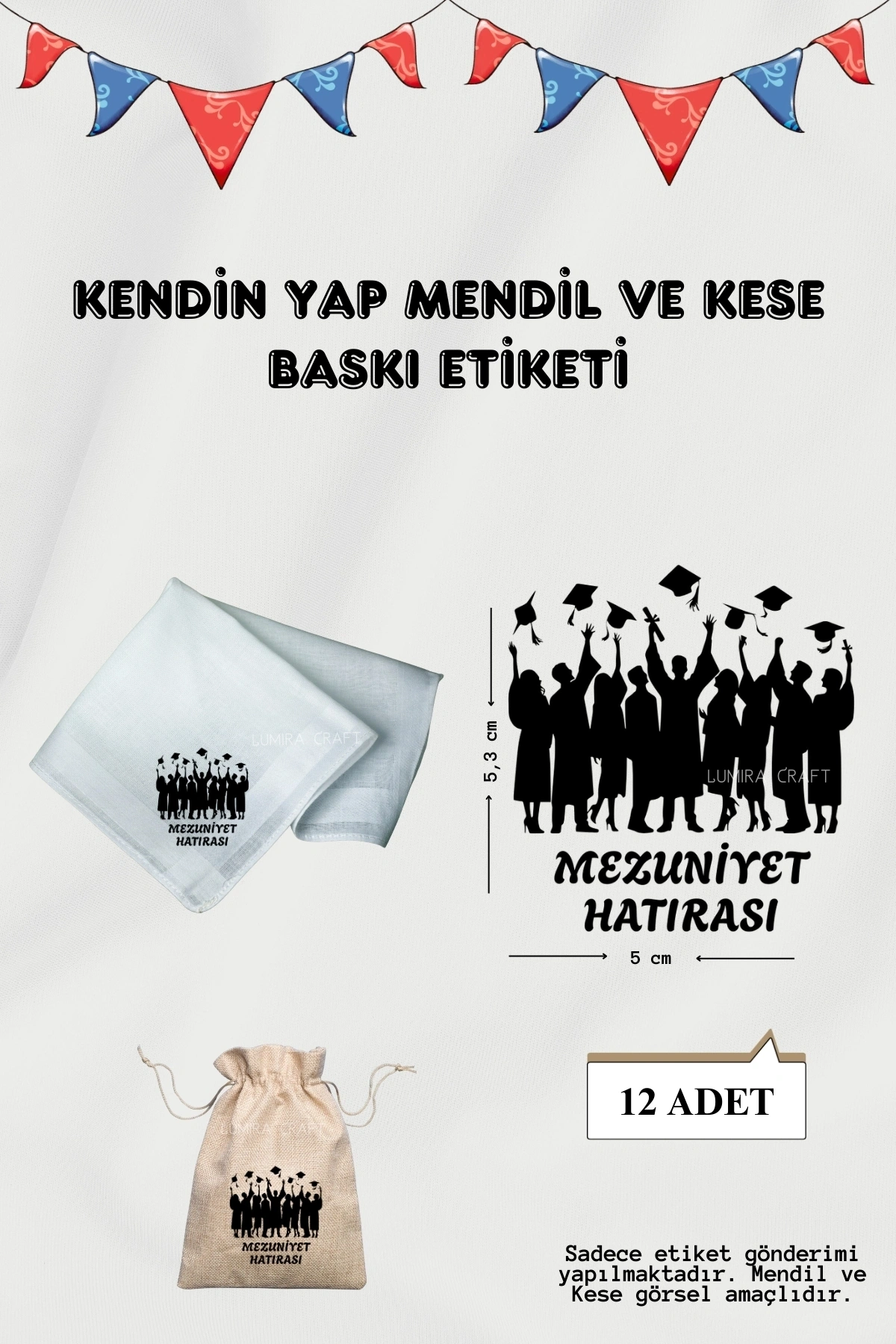 Mezuniyet Hatırası Siyah Kep-Mendil ve Kese Baskı Kağıdı-Okuma Bayramı, Ütü ile Yapışan DTF Transfer