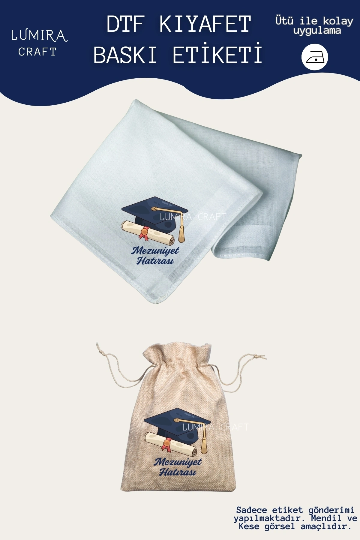 Mavi Kep Mezuniyet Hatırası-Mendil ve Kese Baskı Kağıdı, Ütü ile Yapışan DTF Transfer, Okuma Bayramı