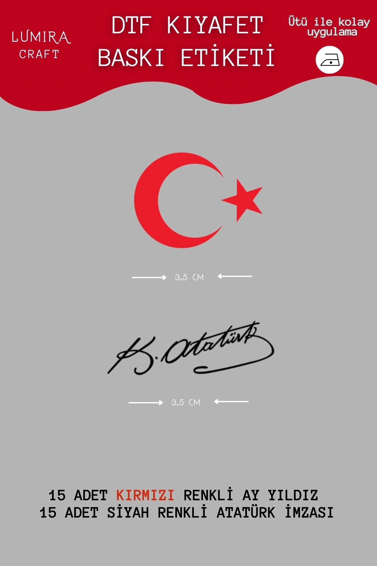 Kırmızı Ay Yıldız Siyah Atatürk İmzası- Baskı Kağıdı, Ütü ile Yapışan DTF Transfer, 23 Nisan