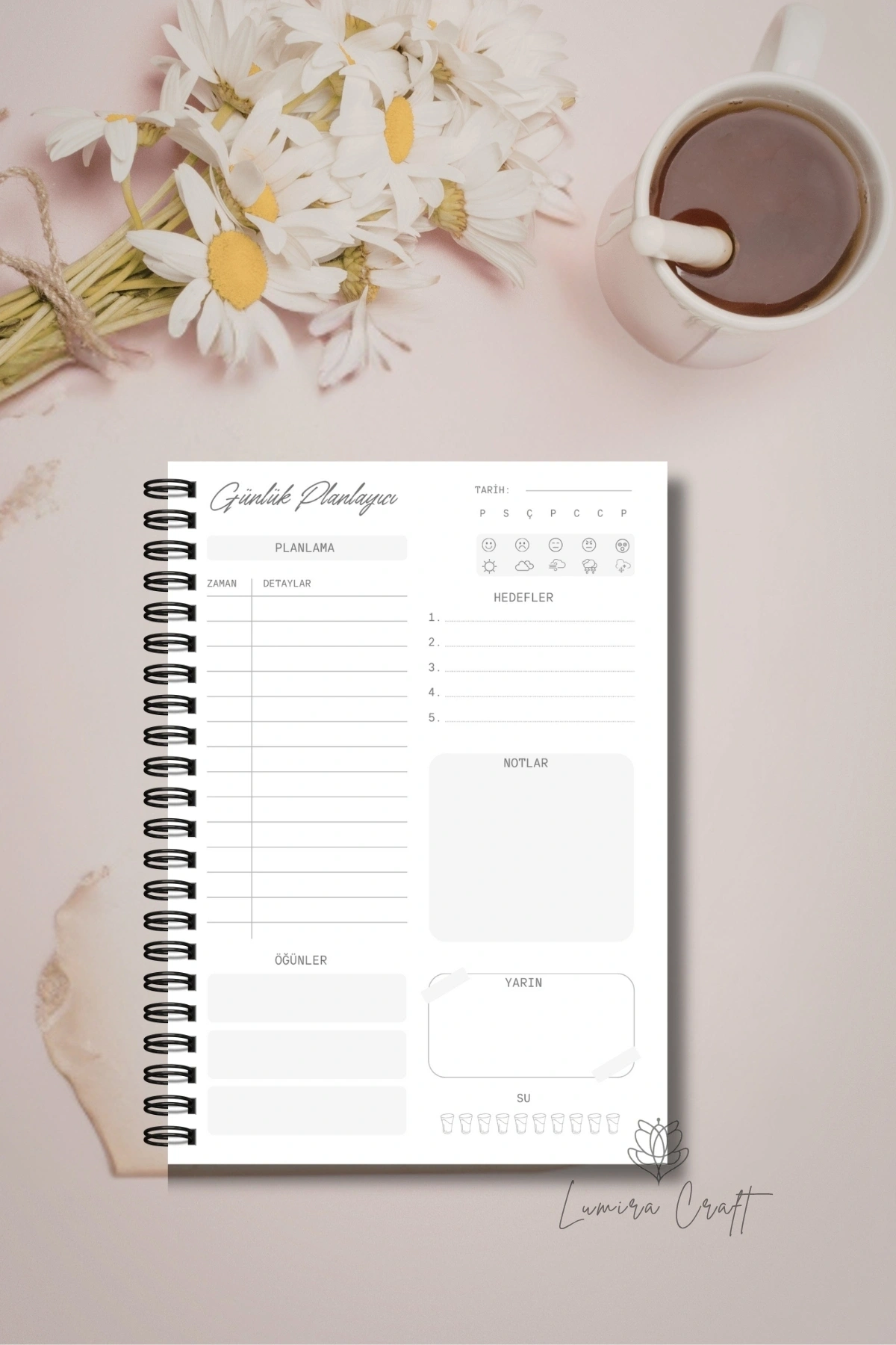 Papatya Temalı - A5 Boy Günlük Planlayıcı , Daily Planner, To Do List-Konsept Not Defteri, Notepad