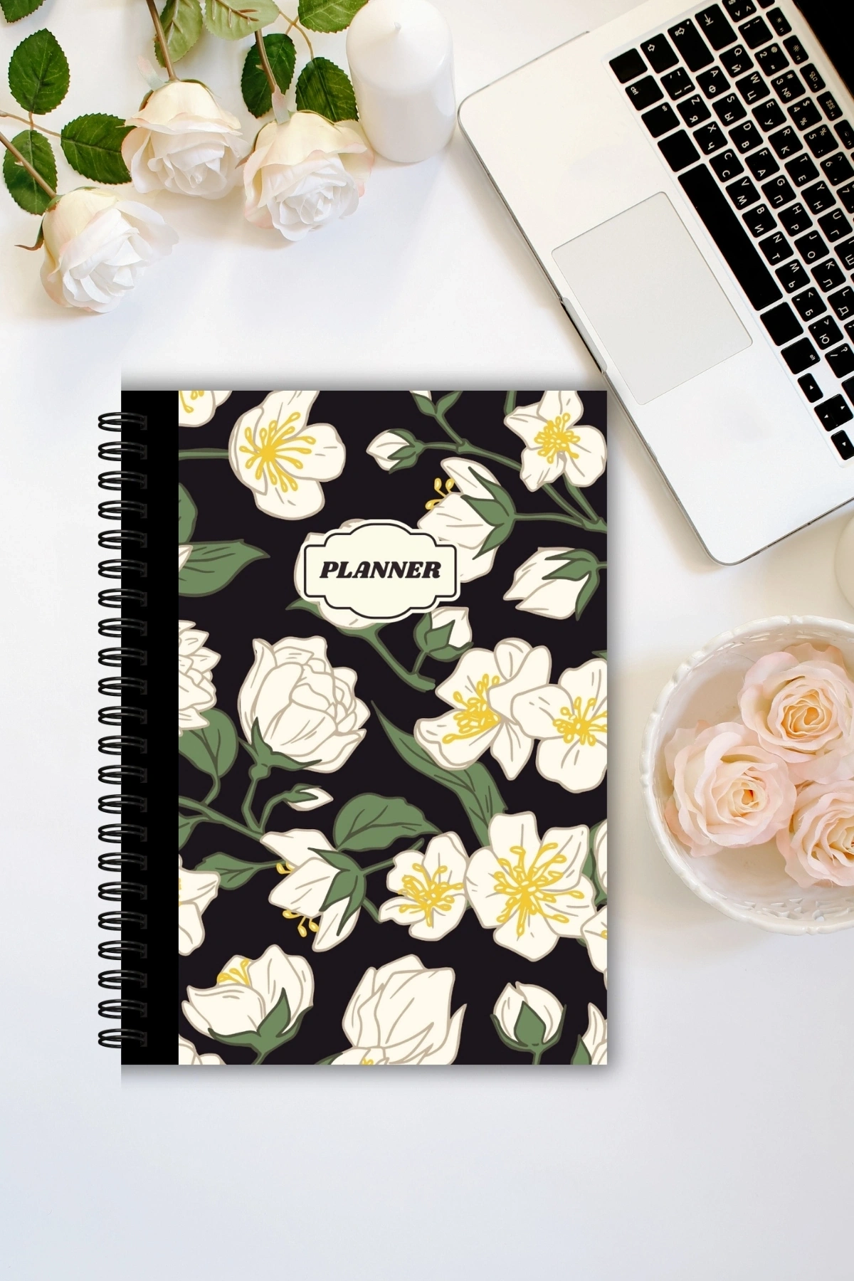 Beyaz Çiçekli, A5-Günlük Planlayıcı , Daily Planner, To Do List-Konsept Not Defteri, Notepad