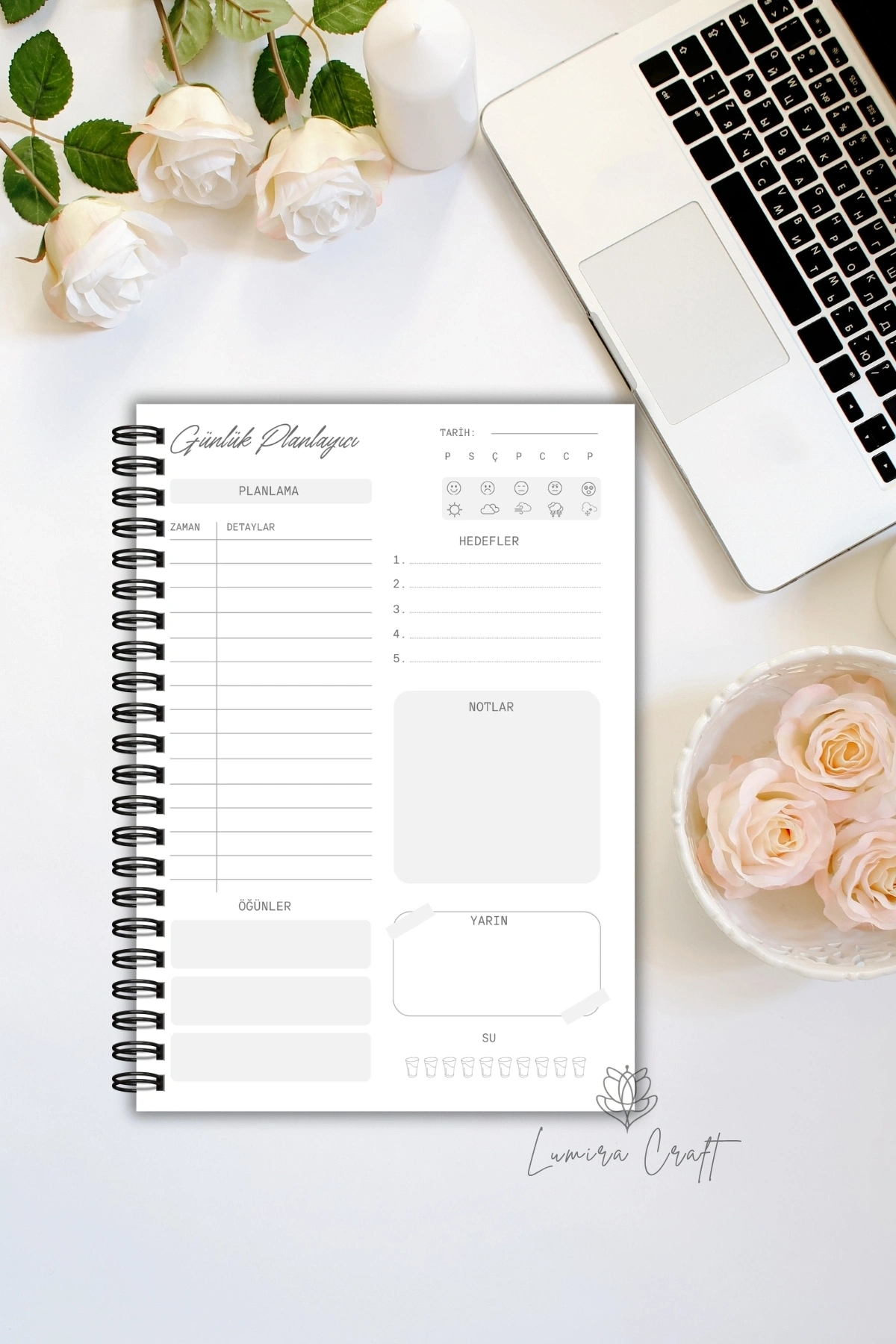 Beyaz Çiçekli, A5-Günlük Planlayıcı , Daily Planner, To Do List-Konsept Not Defteri, Notepad
