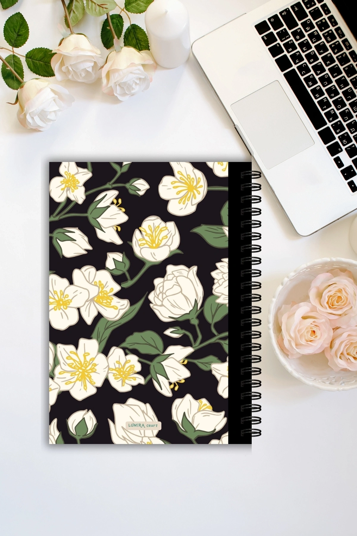 Beyaz Çiçekli, A5-Günlük Planlayıcı , Daily Planner, To Do List-Konsept Not Defteri, Notepad