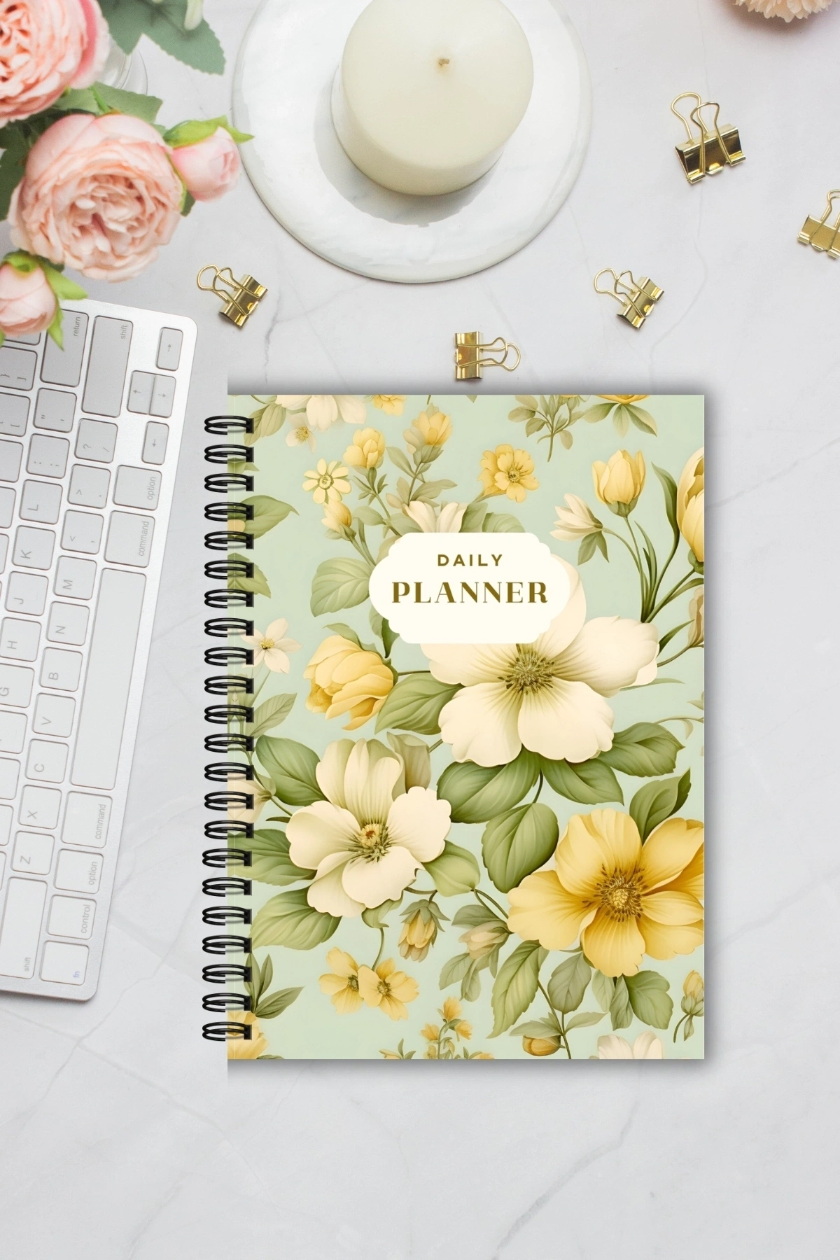 Soft Yeşil Çiçekli, A5-Günlük Planlayıcı , Daily Planner, To Do List-Konsept Not Defteri, Notepad