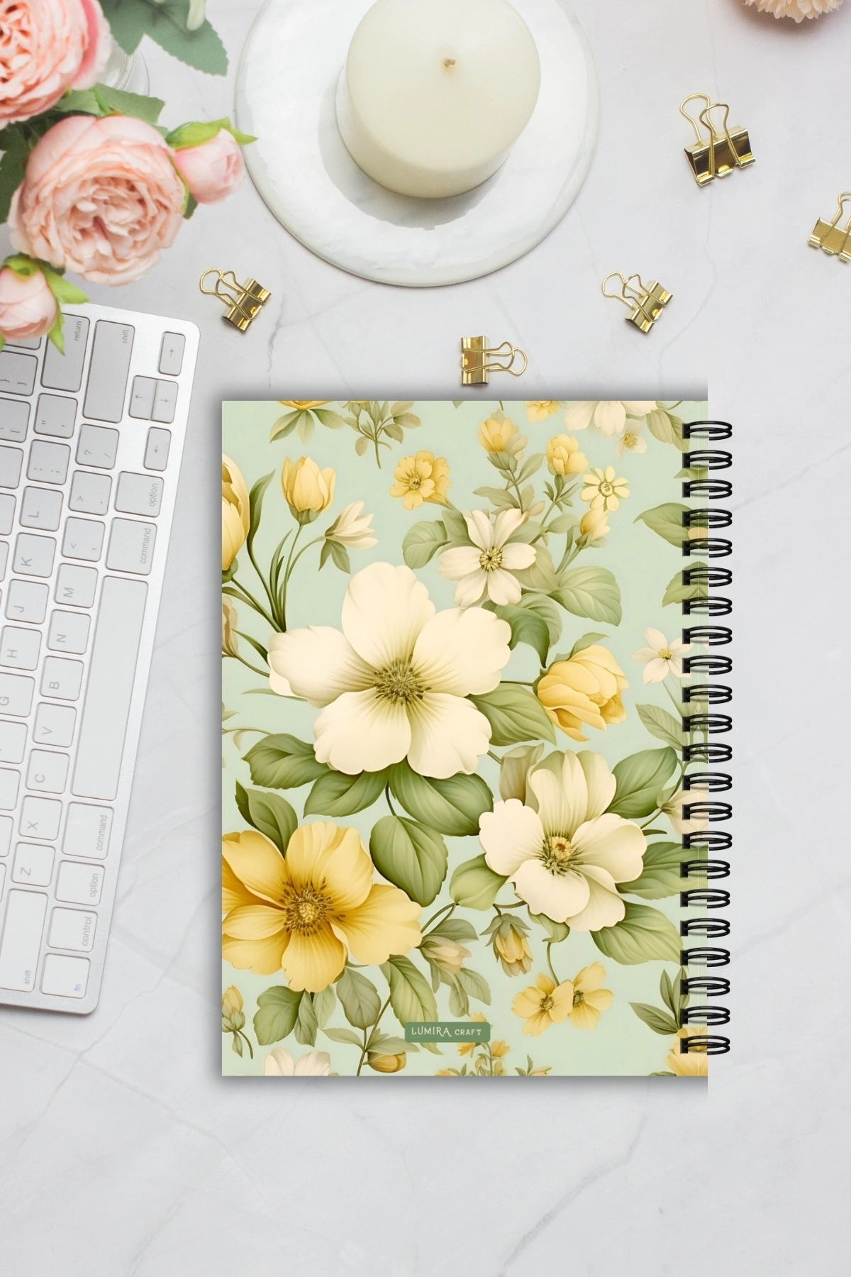 Soft Yeşil Çiçekli, A5-Günlük Planlayıcı , Daily Planner, To Do List-Konsept Not Defteri, Notepad