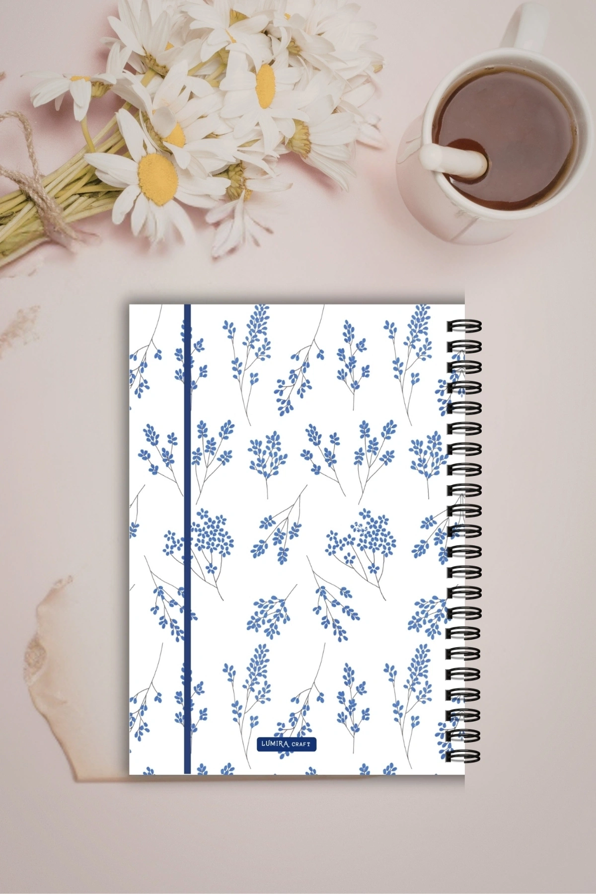 Mavi Çiçek ve Kurdele, A5-Günlük Planlayıcı , Daily Planner, To Do List-Konsept Not Defteri, Notepad