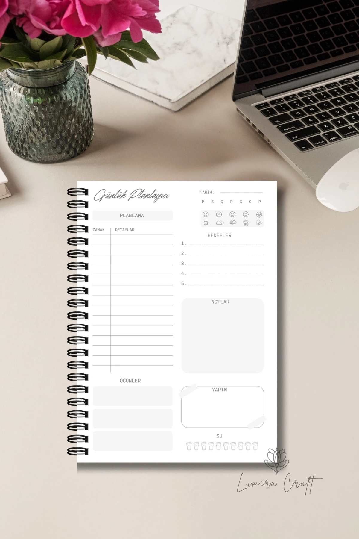 Vintage Çiçekli, A5-Günlük Planlayıcı , Daily Planner, To Do List-Konsept Not Defteri, Notepad