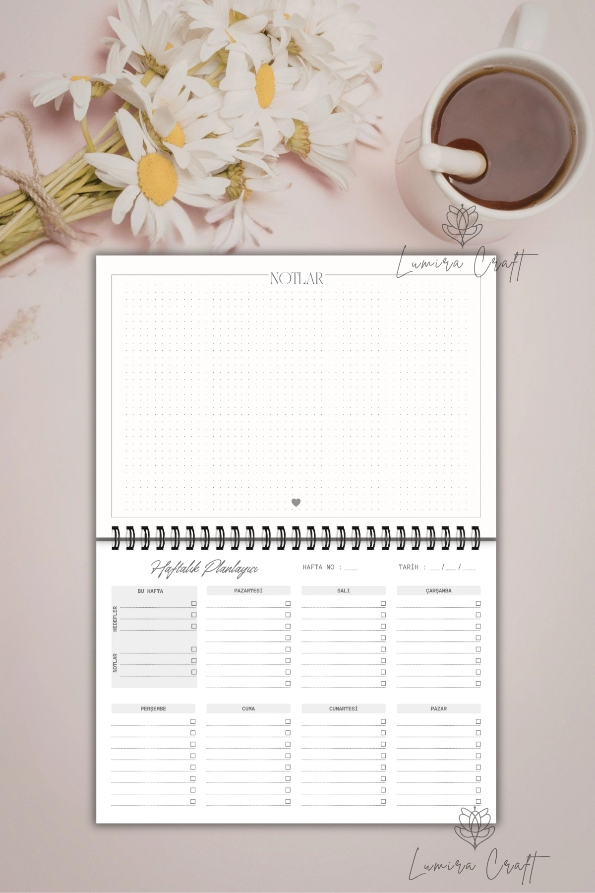 Kahverengi Çiçek Tasarım A5-Haftalık Planlayıcı , Weekly Planner, To Do List-Konsept Not Defteri