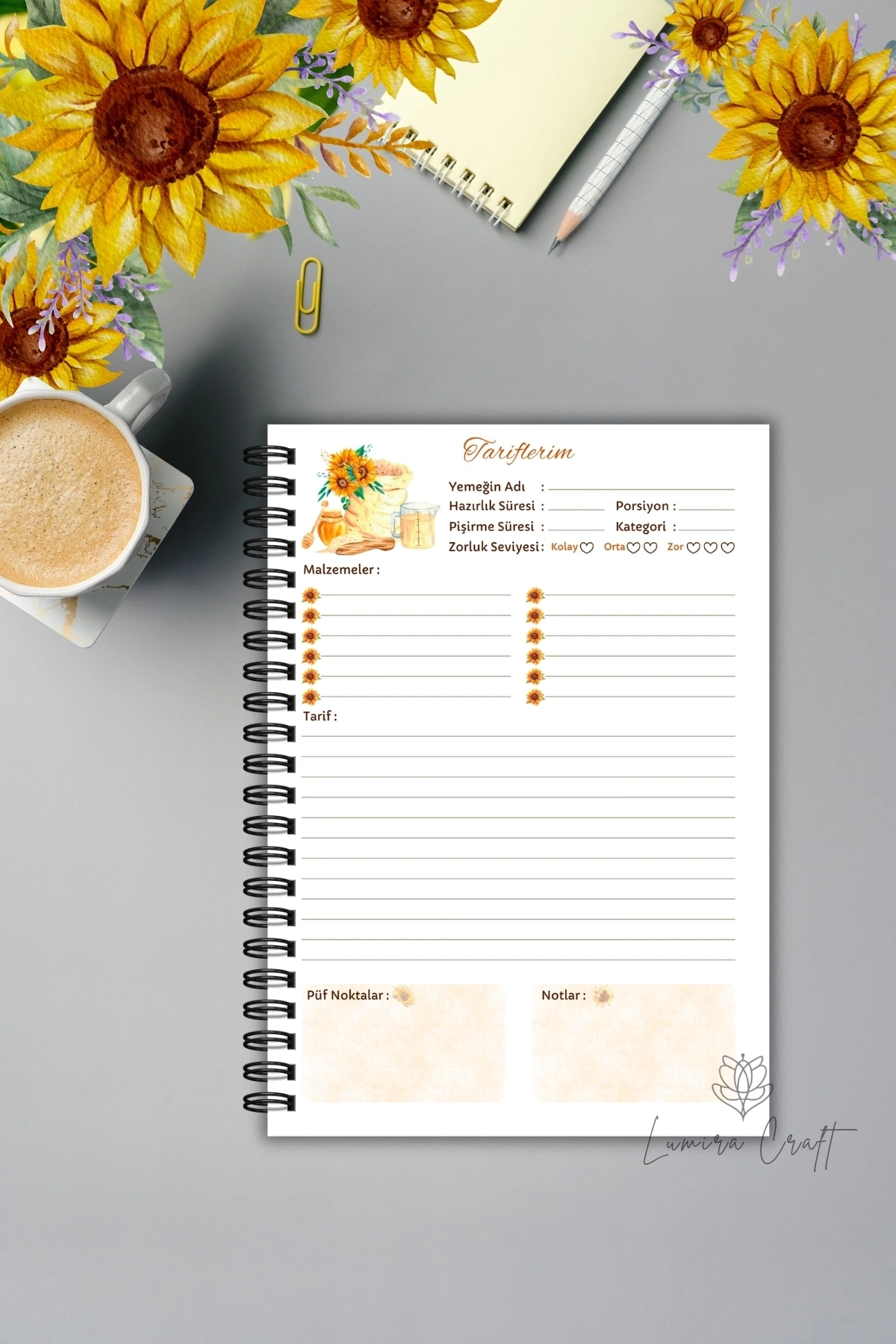 Nostaljik Ayçiçeği Annemin Gizli Tarifleri, Yemek Tarif Defteri, Tel Spiralli A5, Not Defteri