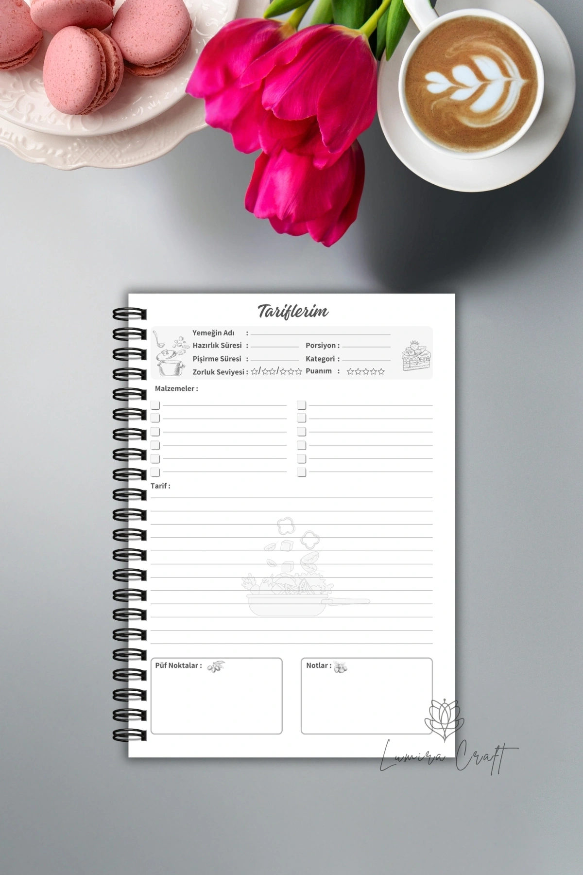 Vintage Tasarım Yemek Tarif Defteri, Şef Defteri, Tel Spiralli A5, Not Defteri, Elegant Recipe Book