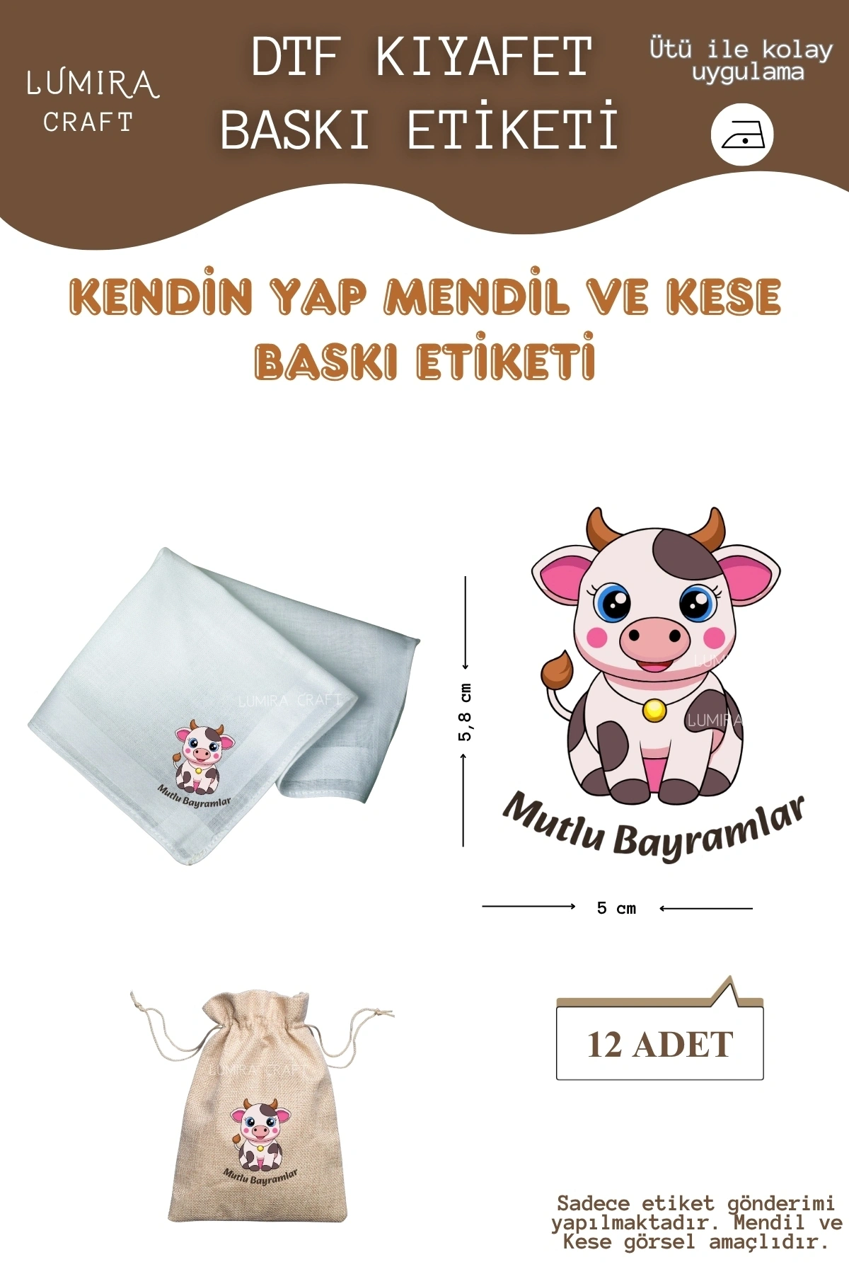 Sevimli Öküz Mutlu Bayramlar, Mendil ve Kese Baskı Kağıdı, Kumaşa Ütü ile Yapışan DTF Transfer, Kurban Bayramı