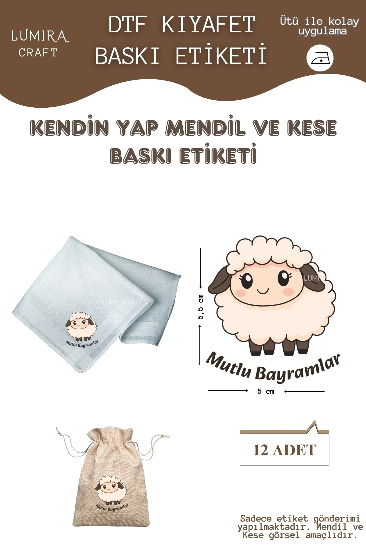 Mutlu Bayramlar Kuzucuk Mendil ve Kese Baskı Kağıdı, Kumaşa Ütü ile Yapışan DTF Transfer, Kurban Bayramı