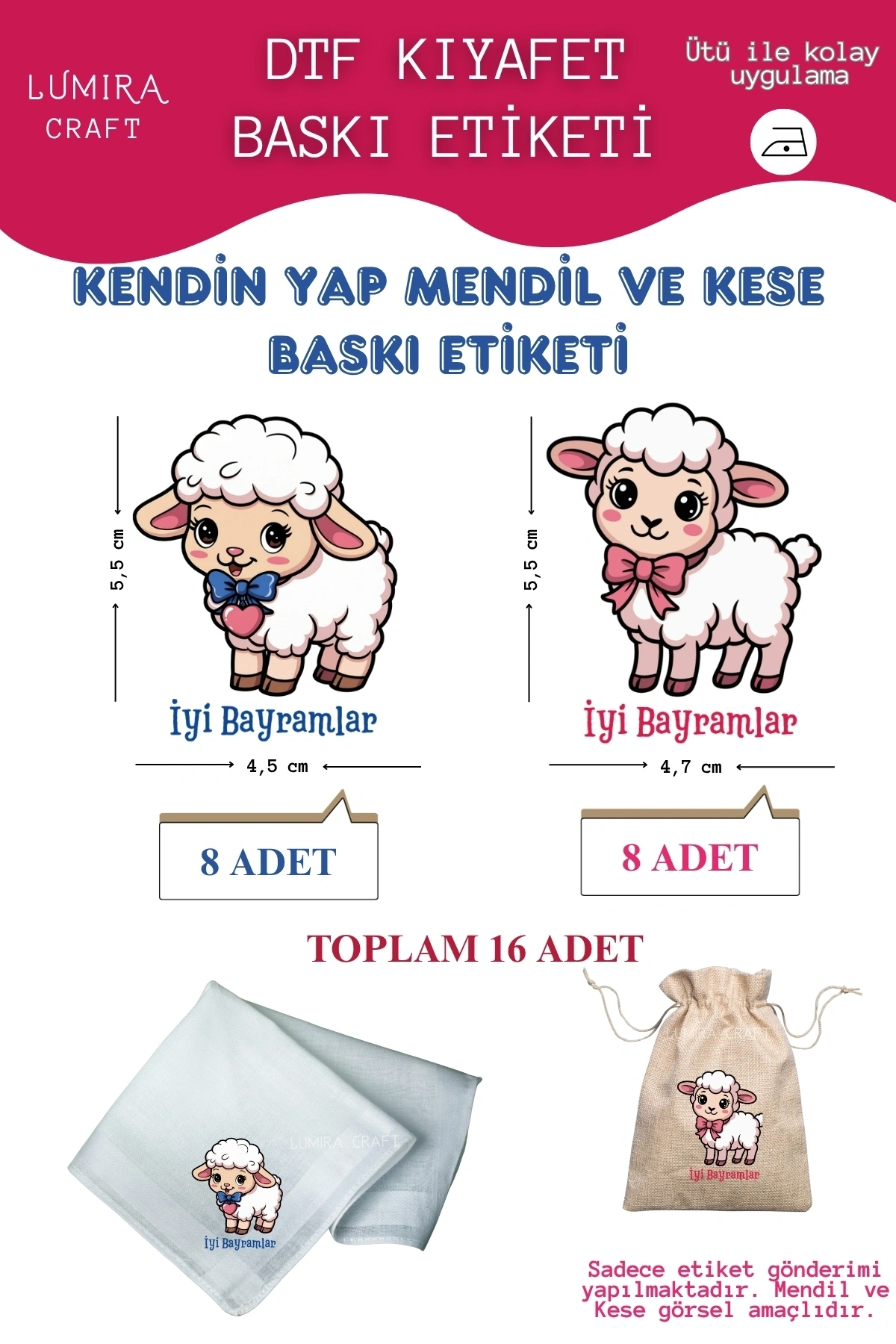 Kız Erkek Kuzular Mavi Pembe İyi Bayramlar, Mendil ve Kese Baskı Kağıdı, Kumaşa Ütü ile Yapışan DTF Transfer, Kurban Bayramı