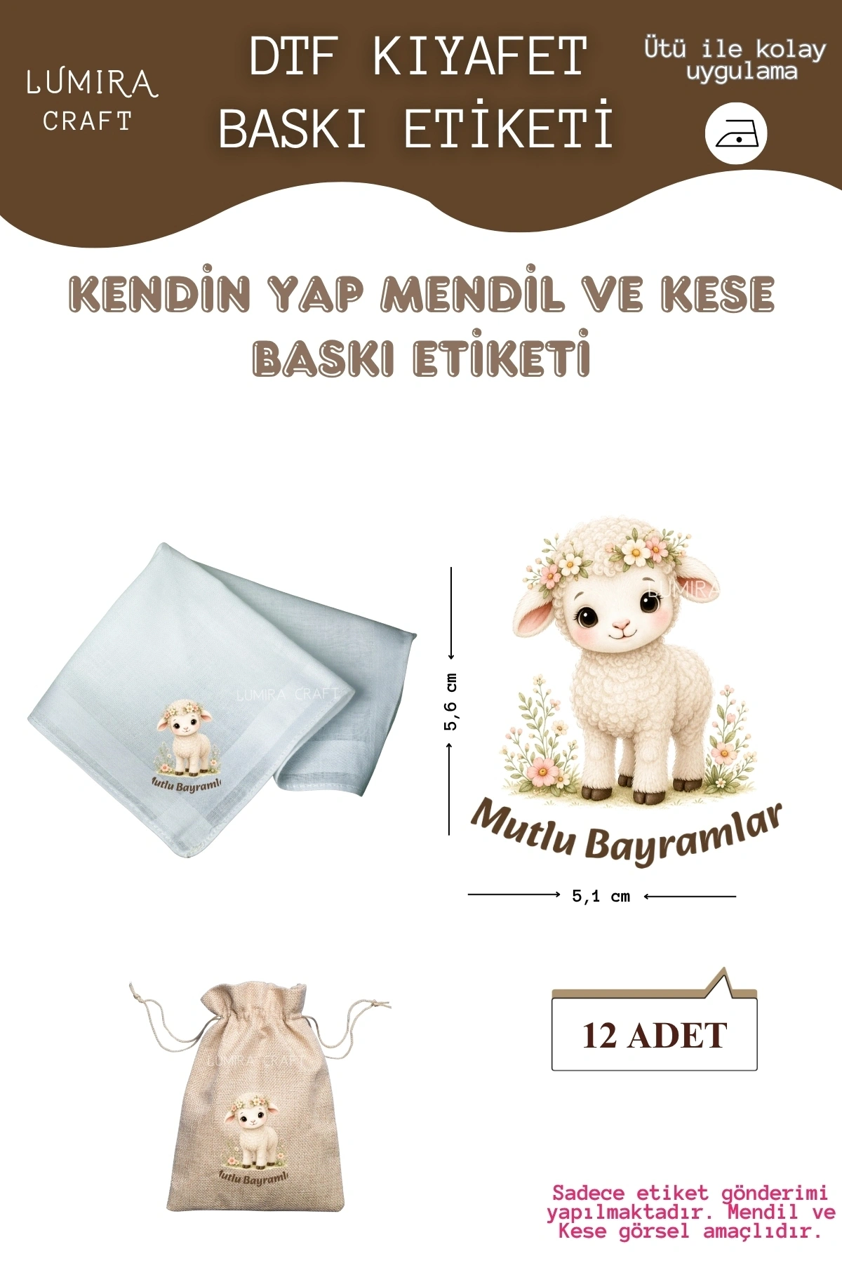 Çiçekli Kuzu Mutlu Bayramlar, Mendil ve Kese Baskı Kağıdı, Kumaşa Ütü ile Yapışan DTF Transfer, Kurban Bayramı