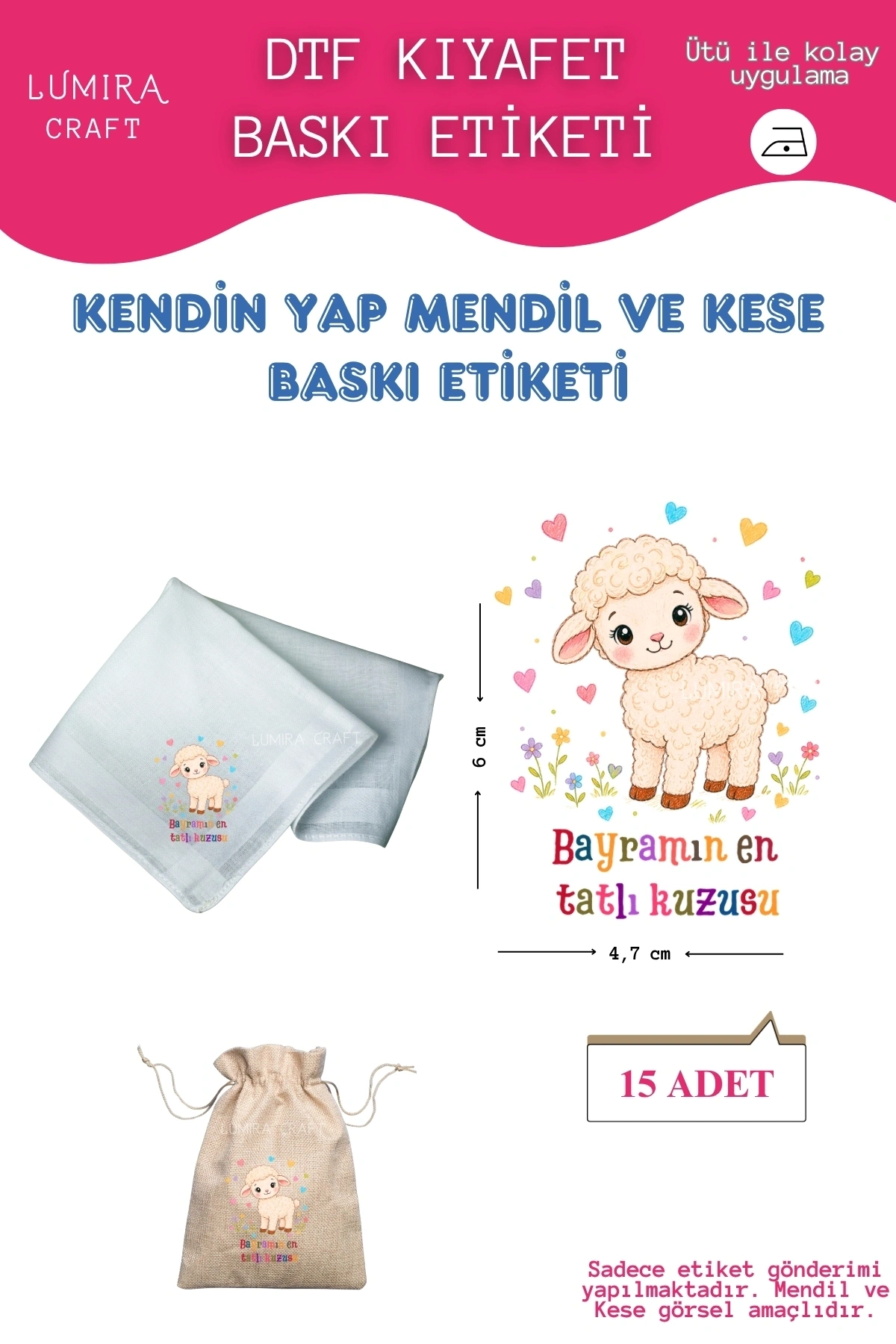 Renkli Bayramın En Tatlı Kuzusu, Mendil ve Kese Baskı Kağıdı, Kumaşa Ütü ile Yapışan DTF Transfer, Kurban Bayramı