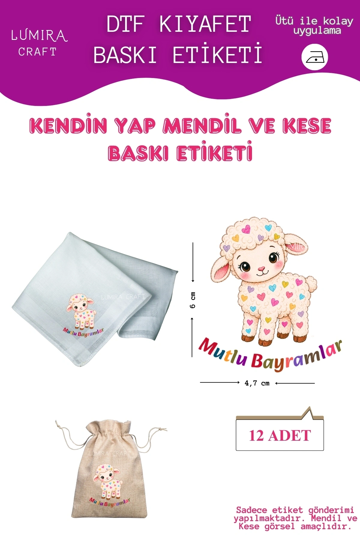 Renkli Kalpli Kuzucuk Mutlu Bayramlar, Mendil ve Kese Baskı Kağıdı, Kumaşa Ütü ile Yapışan DTF Transfer, Kurban Bayramı