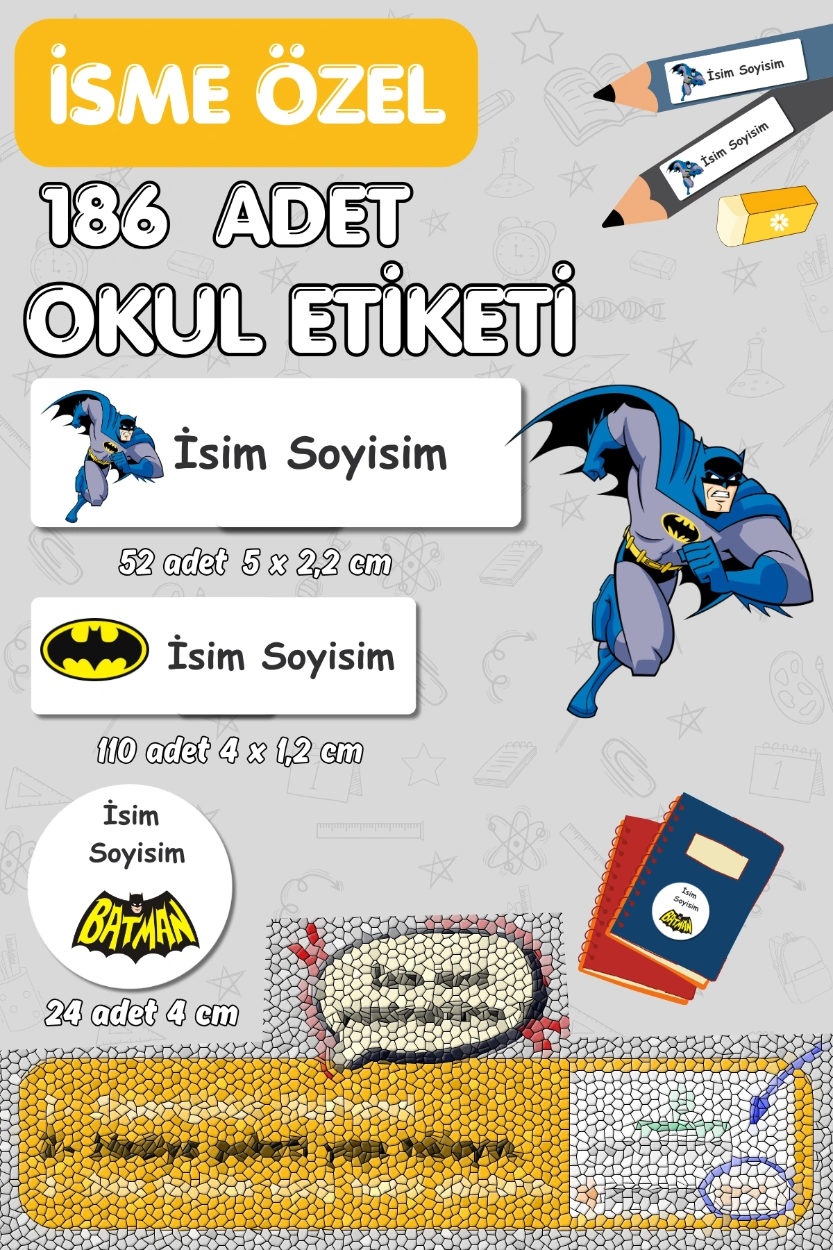 Batman Temalı İsme Özel 186 Adet Defter-Kalem-Kitap Etiketi