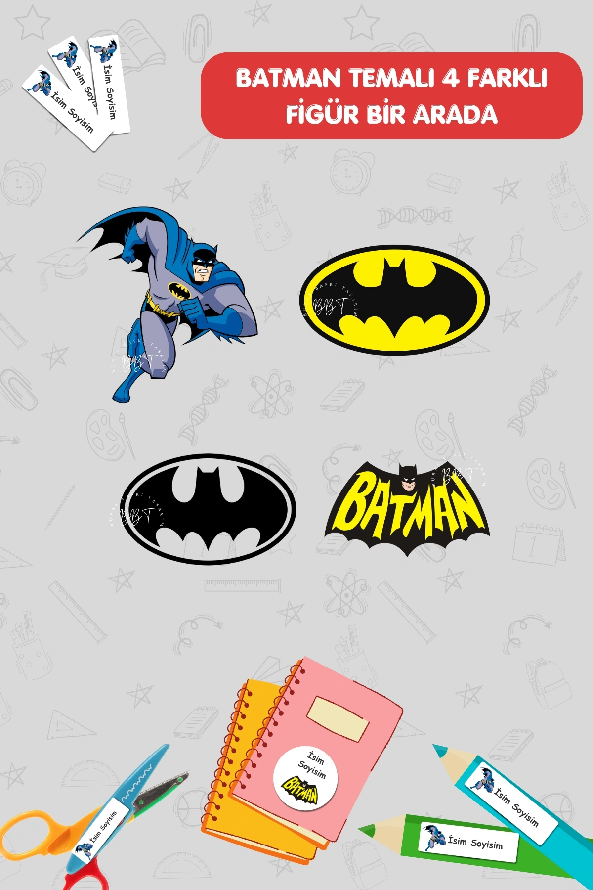 Batman Temalı İsme Özel 186 Adet Defter-Kalem-Kitap Etiketi