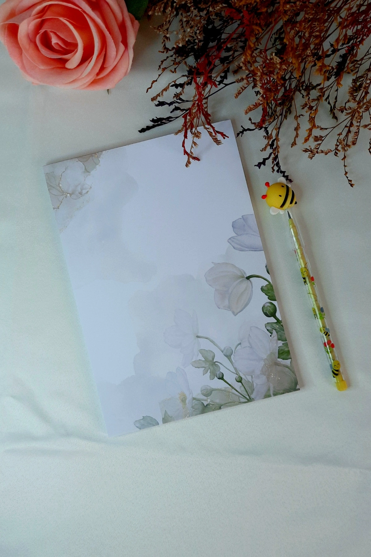 Beyaz Çiçekli A5 Notepad Memopad Bloknot Defter Not Kağıdı Not Defteri