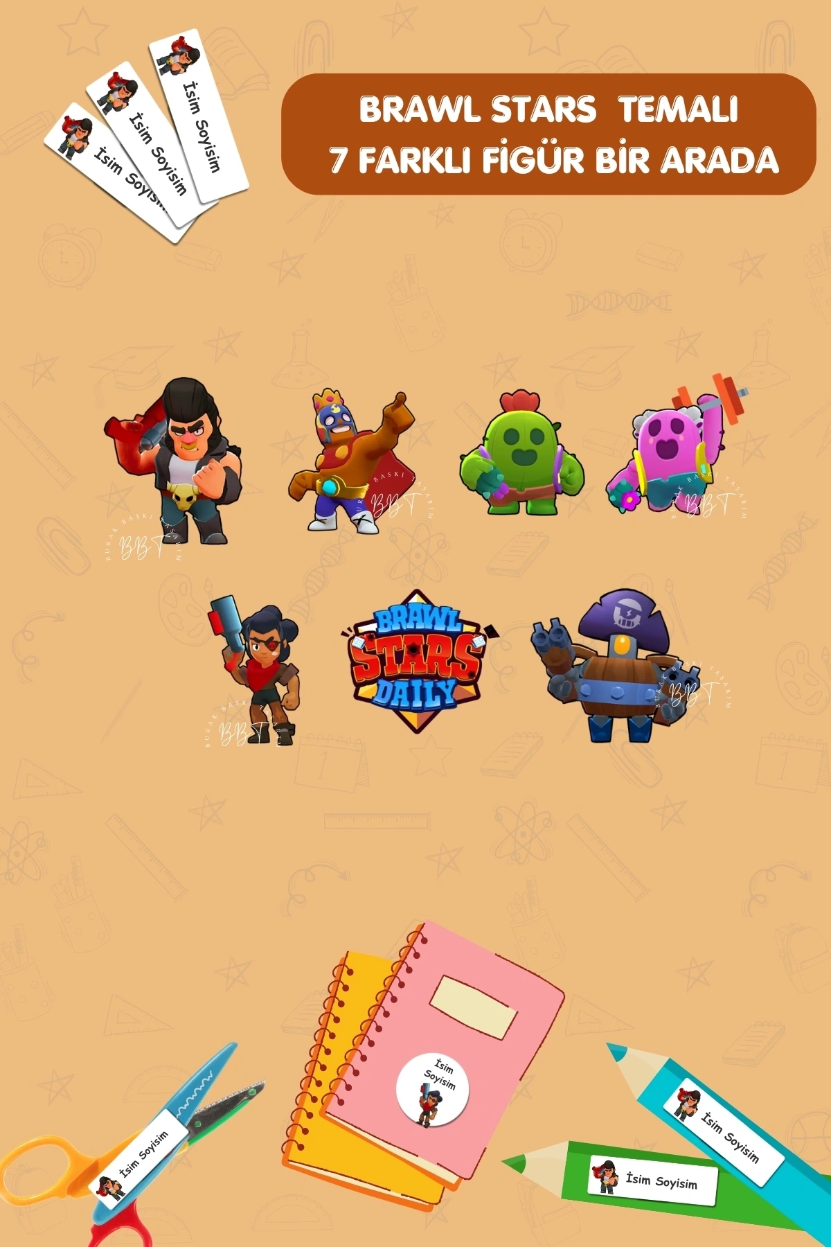 Brawl Stars Temalı İsme Özel 186 Adet Defter-Kalem-Kitap Etiketi