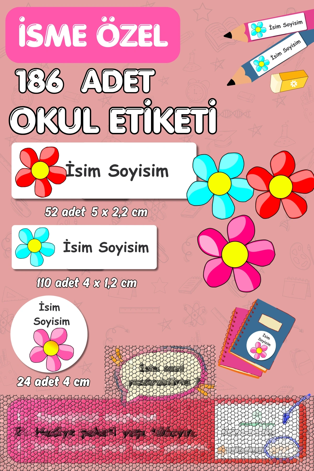 Çiçek Temalı İsme Özel 186 Adet Defter-Kalem-Kitap Etiketi