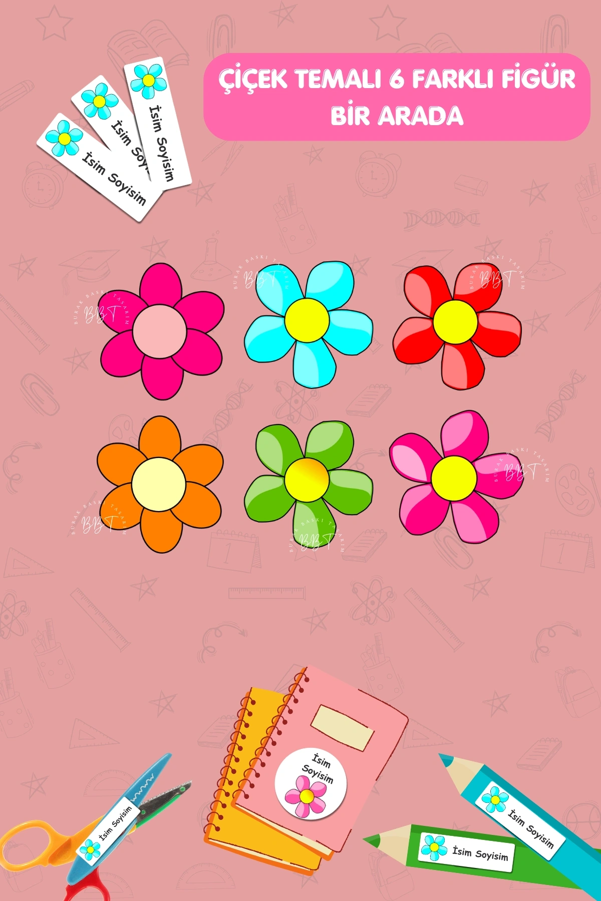 Çiçek Temalı İsme Özel 186 Adet Defter-Kalem-Kitap Etiketi