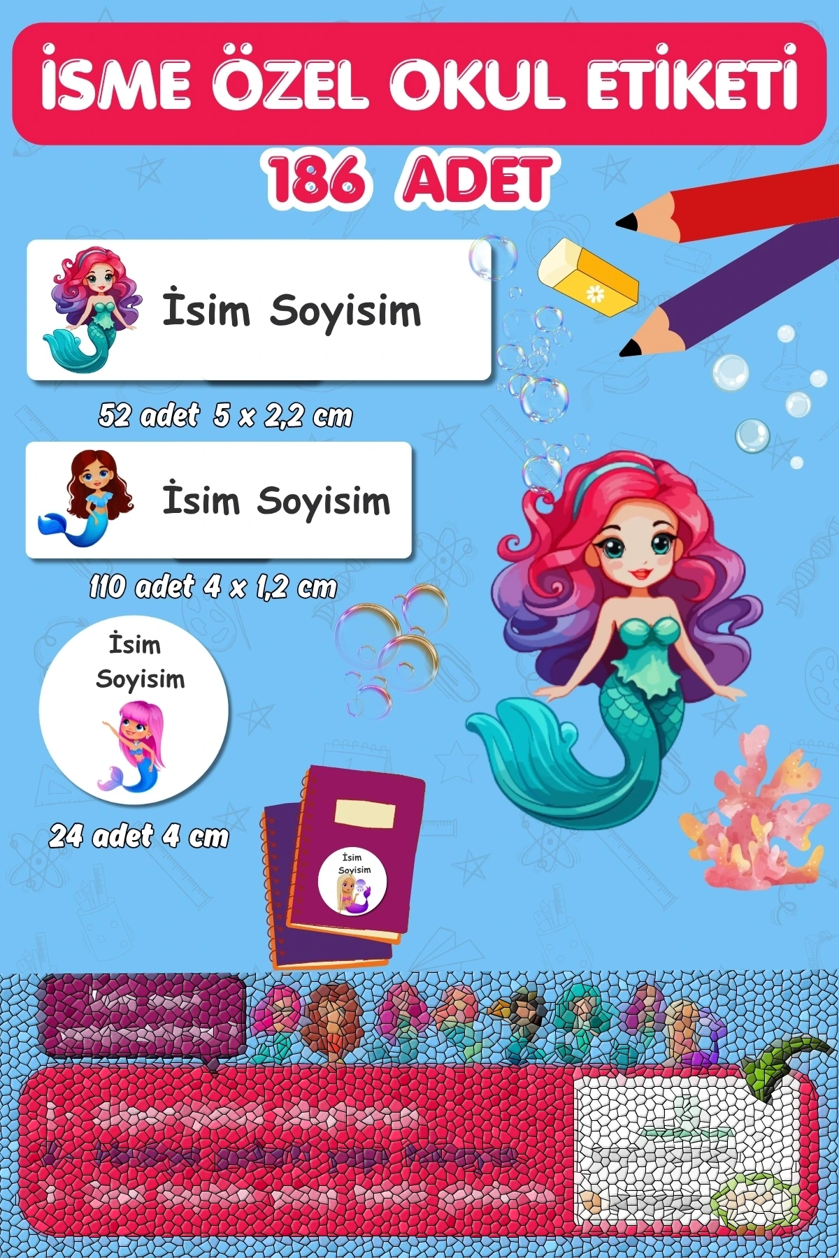 Deniz Kızları Temalı İsme Özel 186 Adet Defter-Kalem-Kitap Etiketi