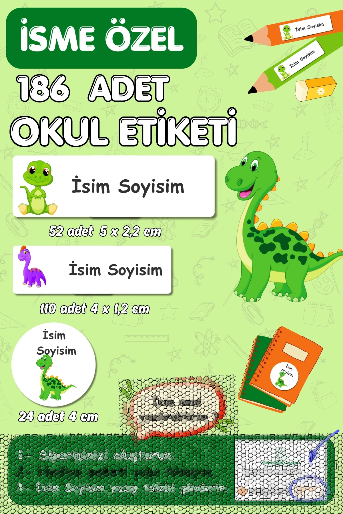Dinozor Temalı İsme Özel 186 Adet Defter-Kalem-Kitap Etiketi
