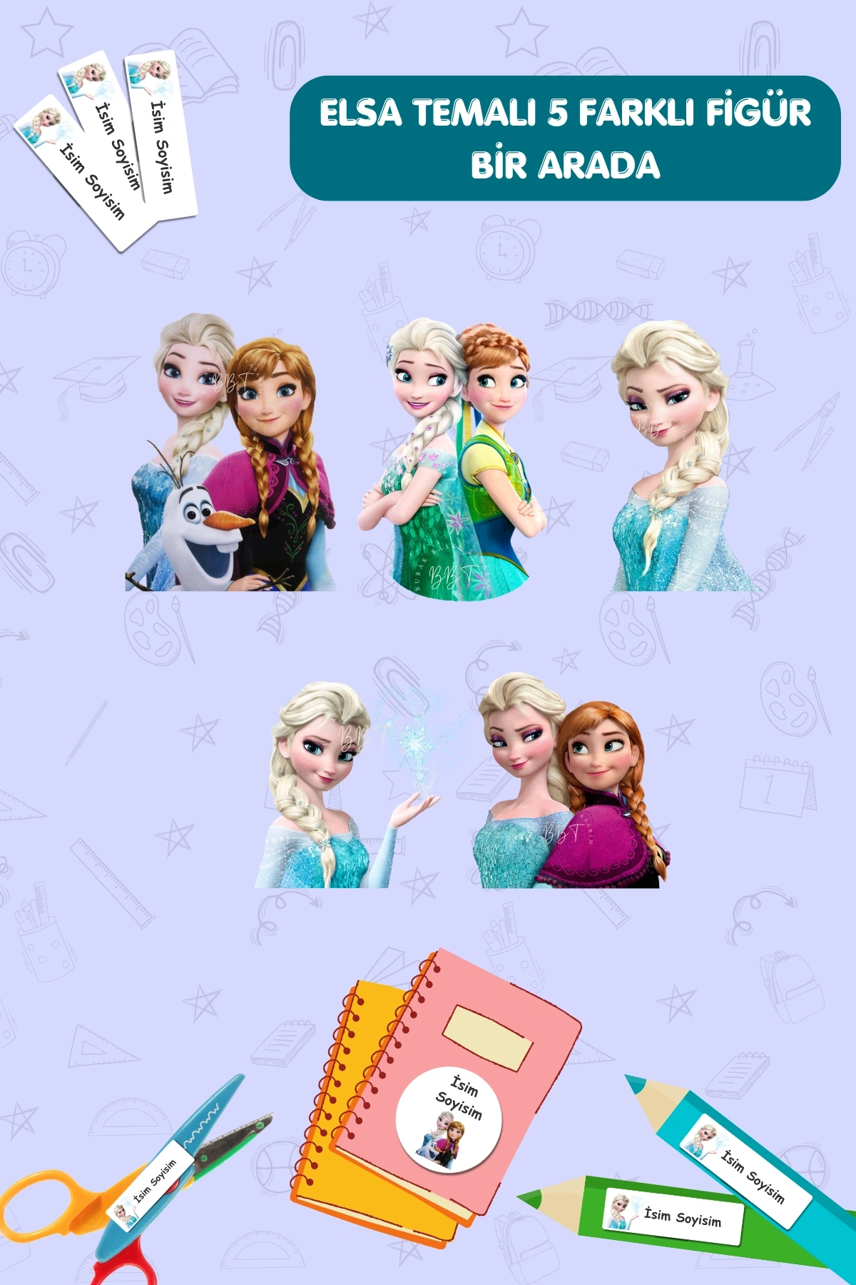 Elsa Temalı İsme Özel 186 Adet Defter-Kalem-Kitap Etiketi
