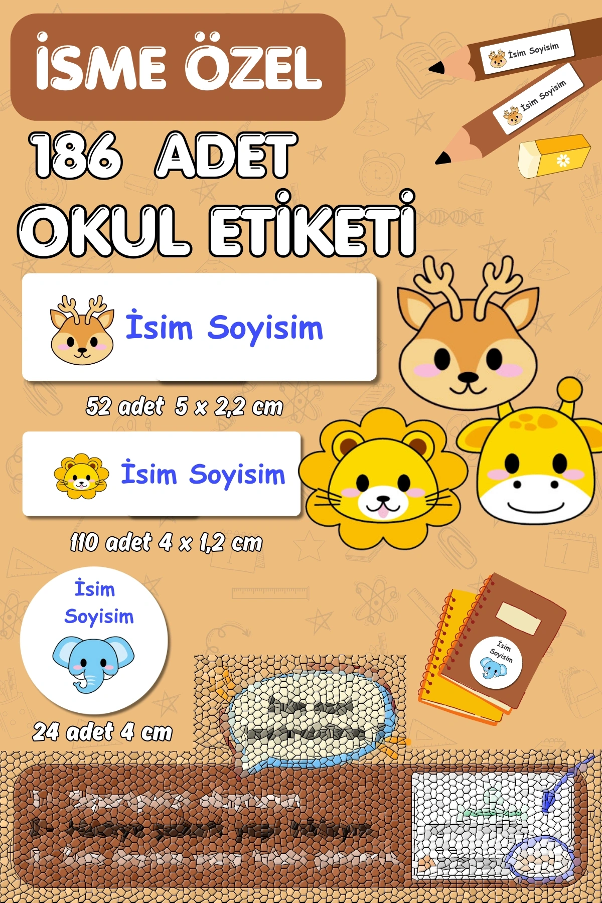 Hayvanlar Temalı İsme Özel 186 Adet Defter-Kalem-Kitap Etiketi