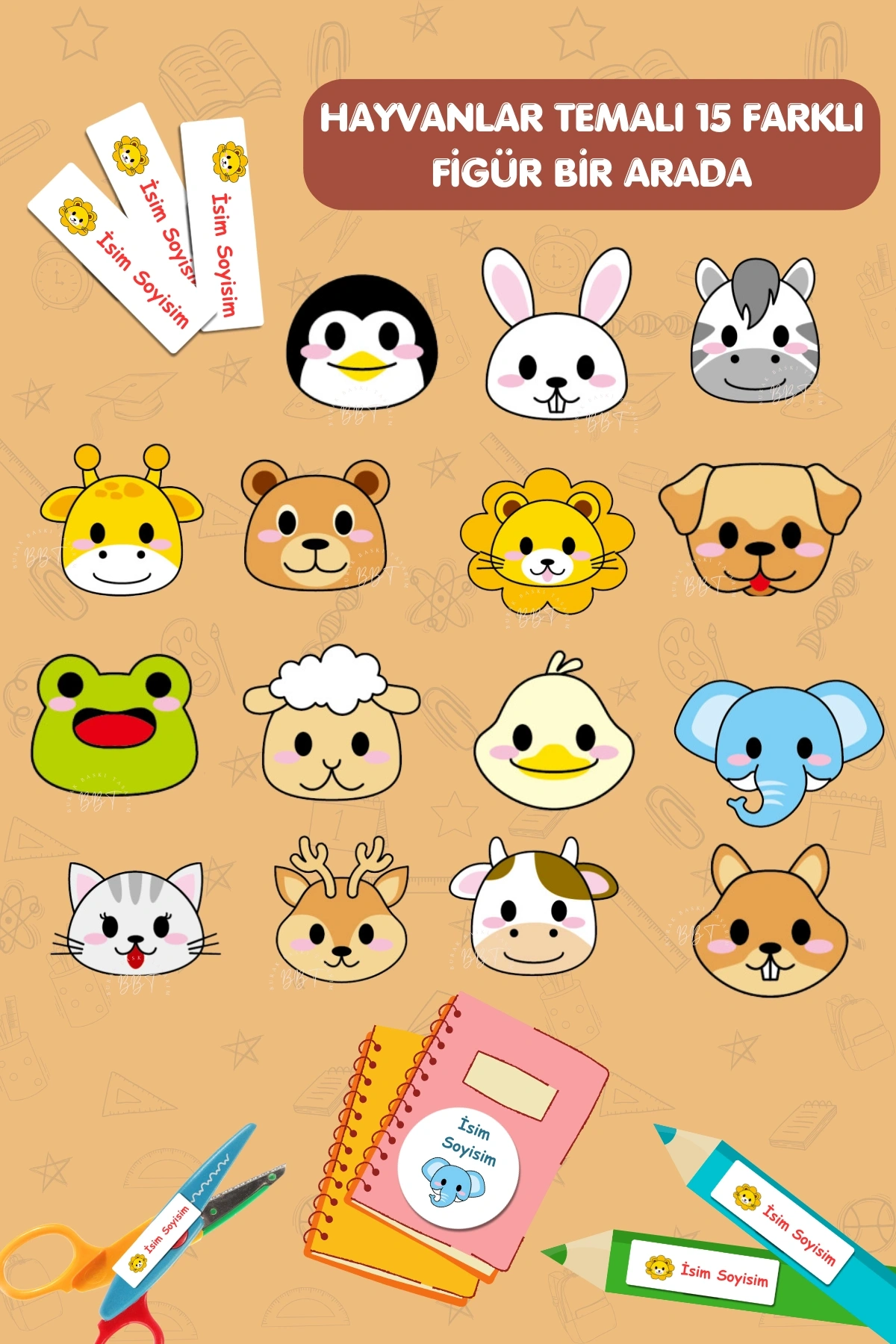 Hayvanlar Temalı İsme Özel 186 Adet Defter-Kalem-Kitap Etiketi