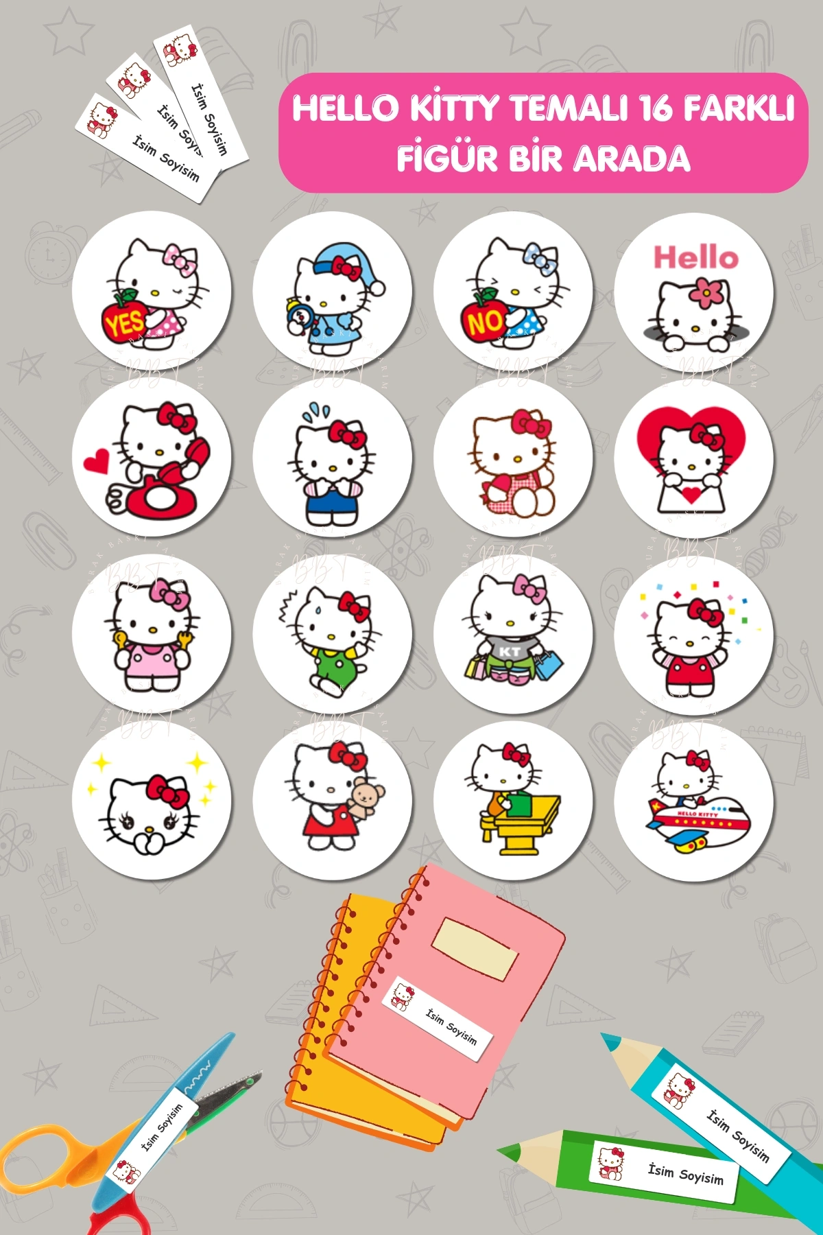 Hello Kitty Temalı İsme Özel 186 Adet Defter-Kalem-Kitap Etiketi