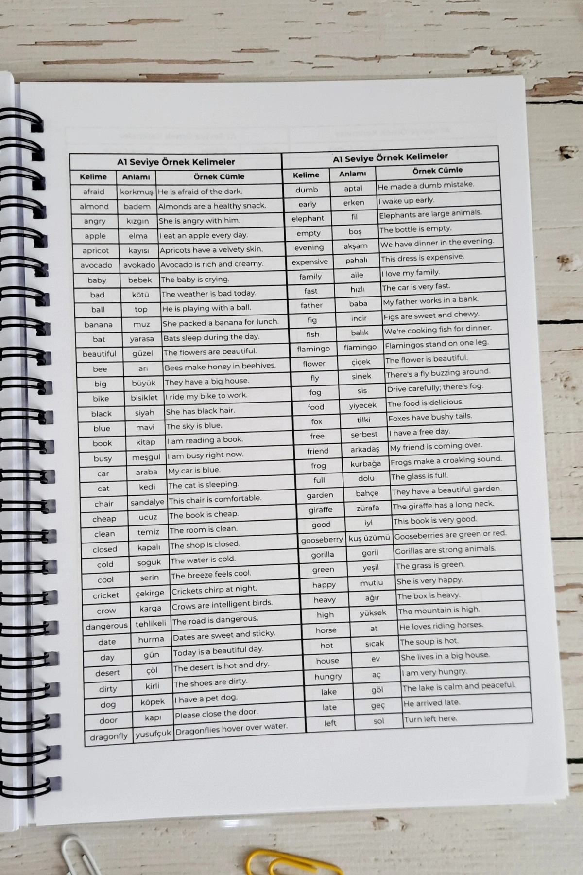 İngilizce Kelime Öğrenme ve Yazma Defteri / A-5 Telli Defter / A-1 / A-2- 250 Örnek Kelime