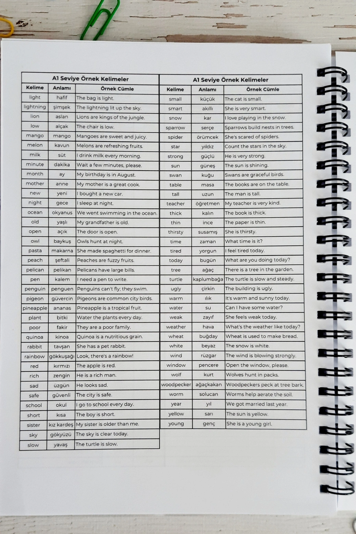 İngilizce Kelime Öğrenme ve Yazma Defteri / A-5 Telli Defter / A-1 / A-2- 250 Örnek Kelime