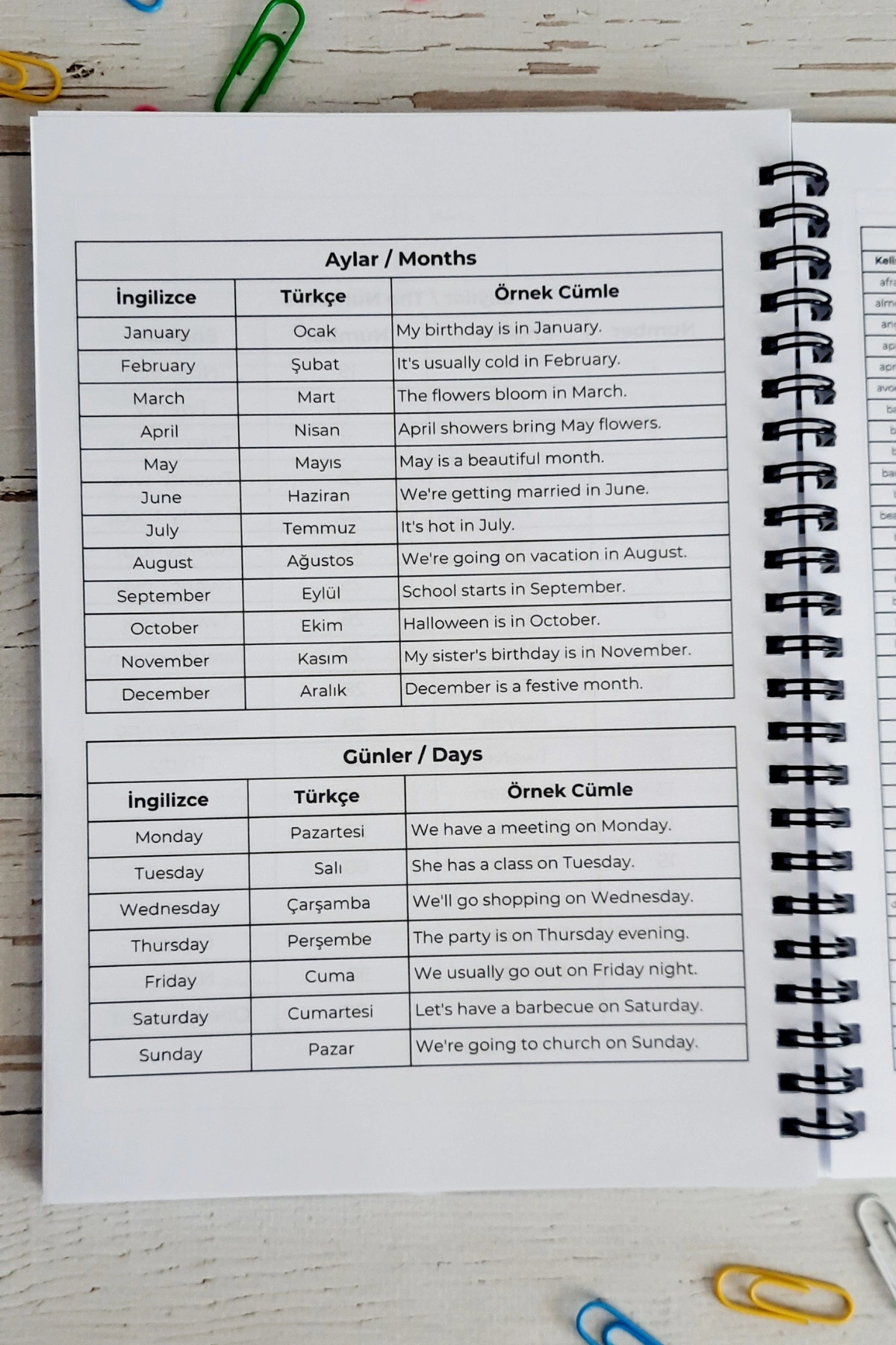 İngilizce Kelime Öğrenme ve Yazma Defteri / A-5 Telli Defter / A-1 / A-2- 250 Örnek Kelime