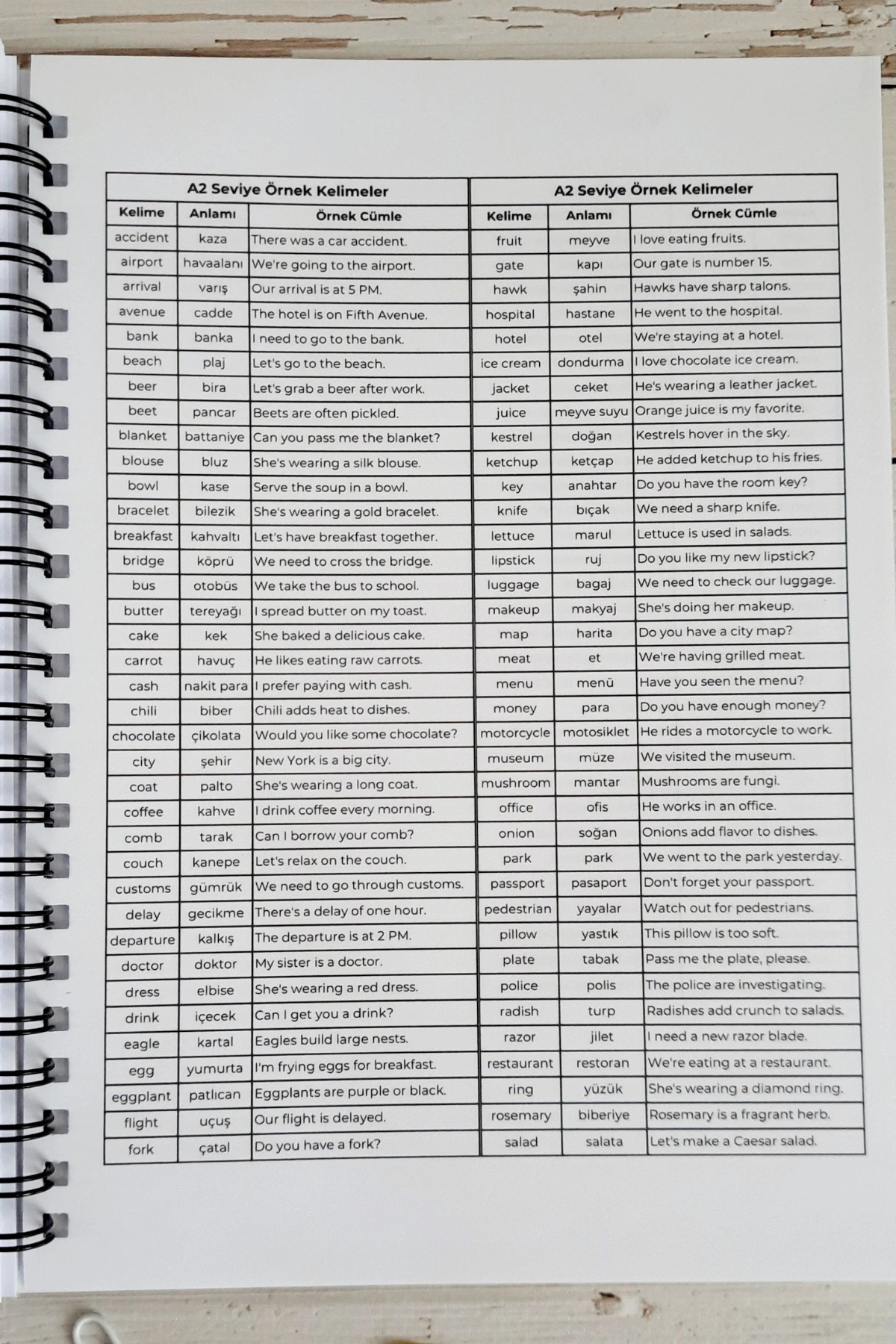 İngilizce Kelime Öğrenme ve Yazma Defteri / A-5 Telli Defter / A-1 / A-2- 250 Örnek Kelime