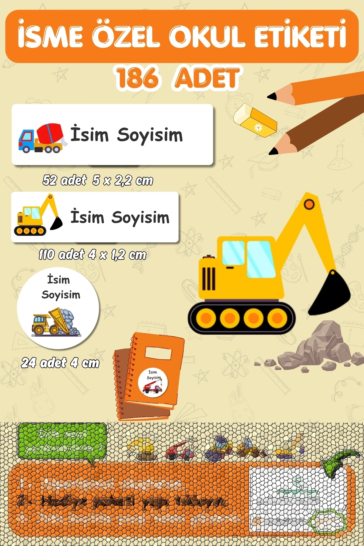 İş Makinası Temalı İsme Özel 186 Adet Defter-Kalem-Kitap Etiketi