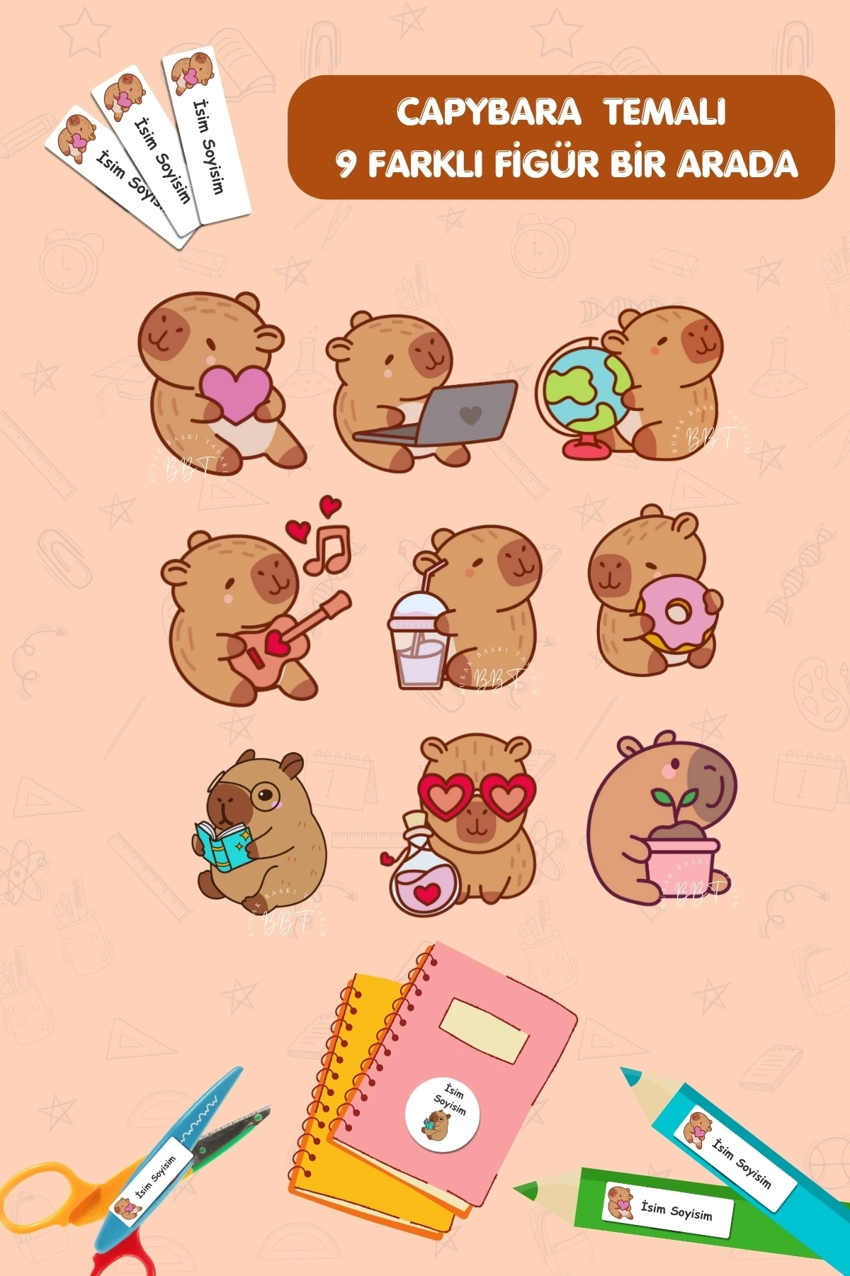 Kapibara Temalı  İsme Özel 186 Adet Defter-Kalem-Kitap Etiketi