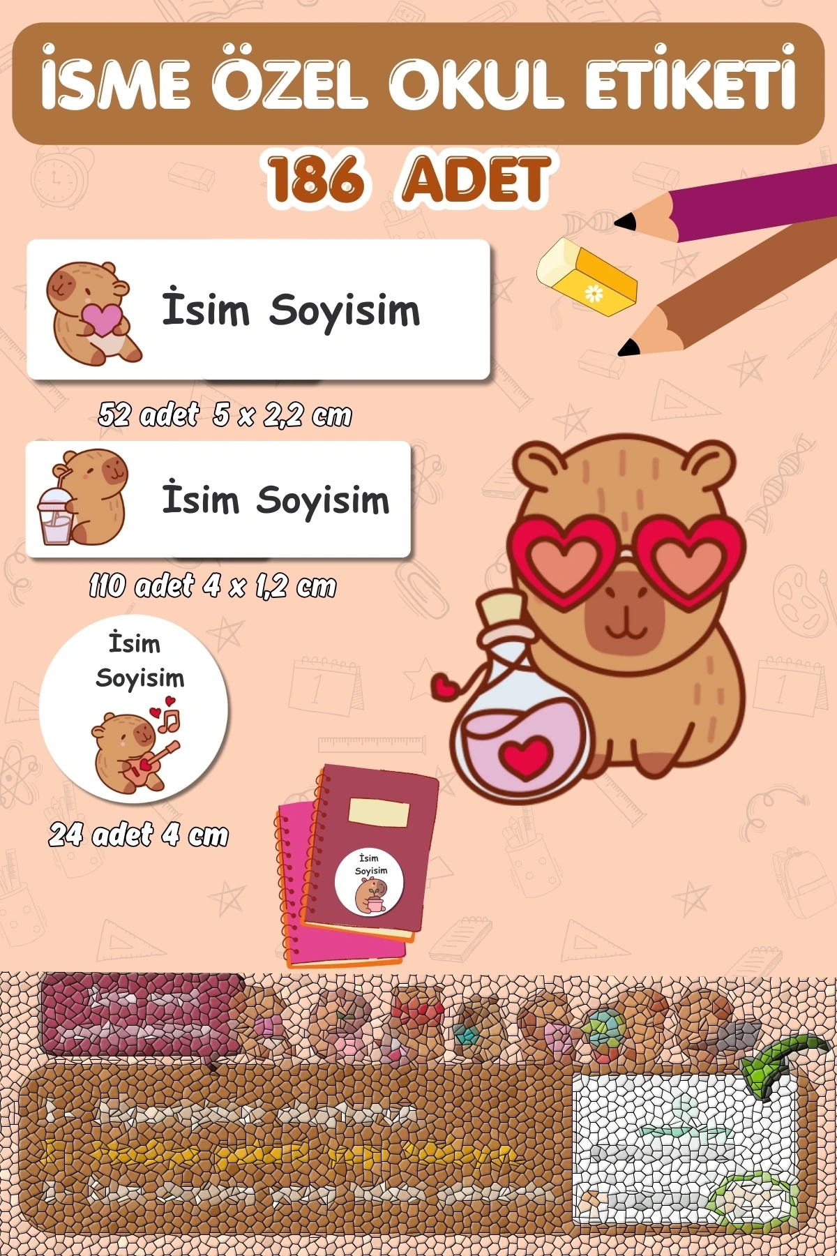 Kapibara Temalı  İsme Özel 186 Adet Defter-Kalem-Kitap Etiketi