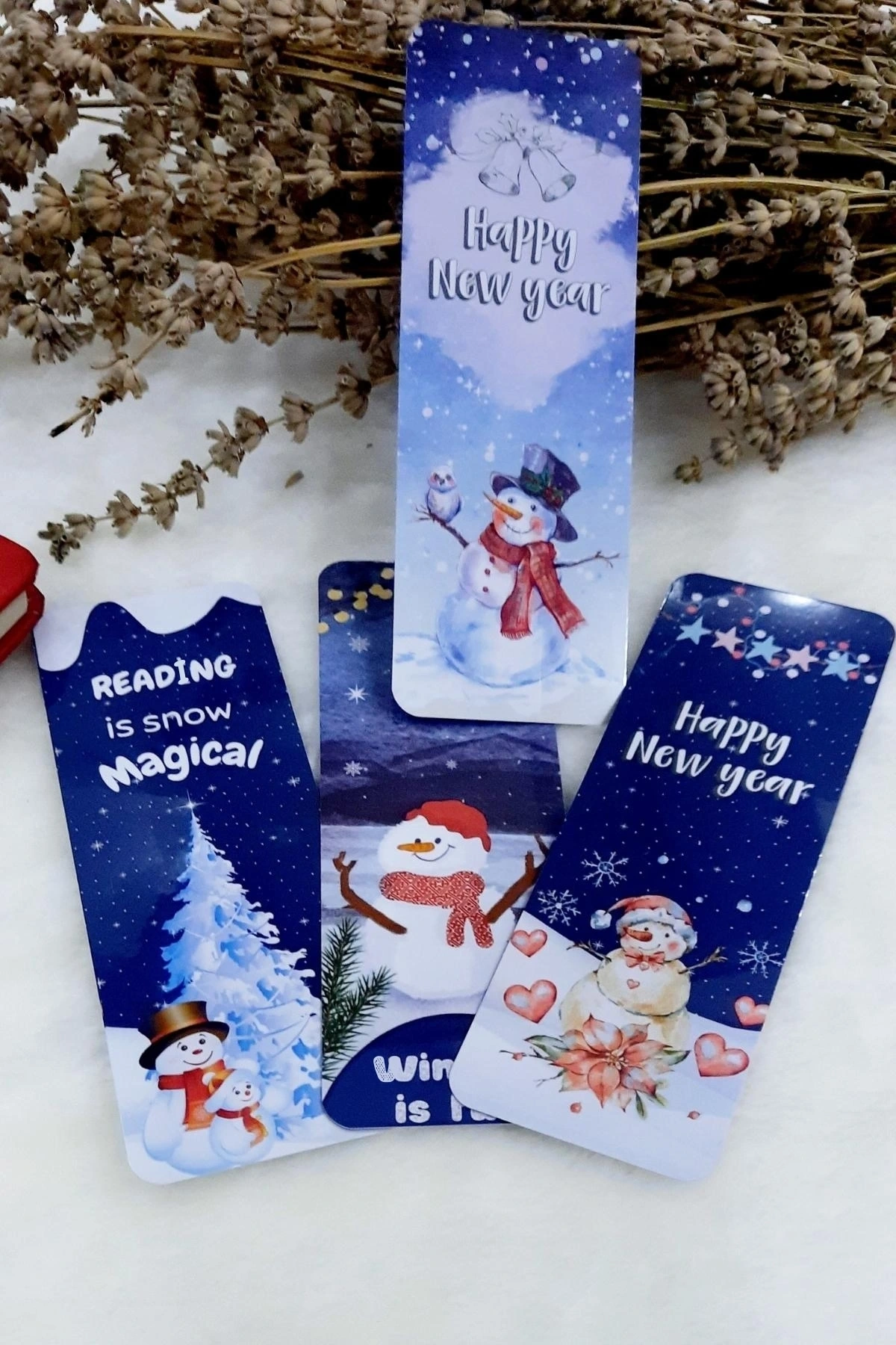 Kardan Adam ve Karlı Orman Manzaralı Yılbaşı Temalı Kitap Ayracı (4 Lü Set)