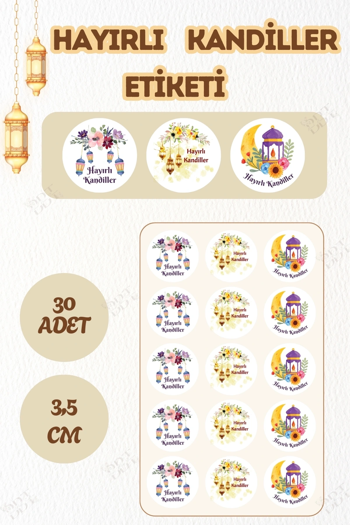 Karışık Renkli Hayırlı Kandiller Etiketi Hediye Paketi Süsü 3,5 cm, 30 Adet