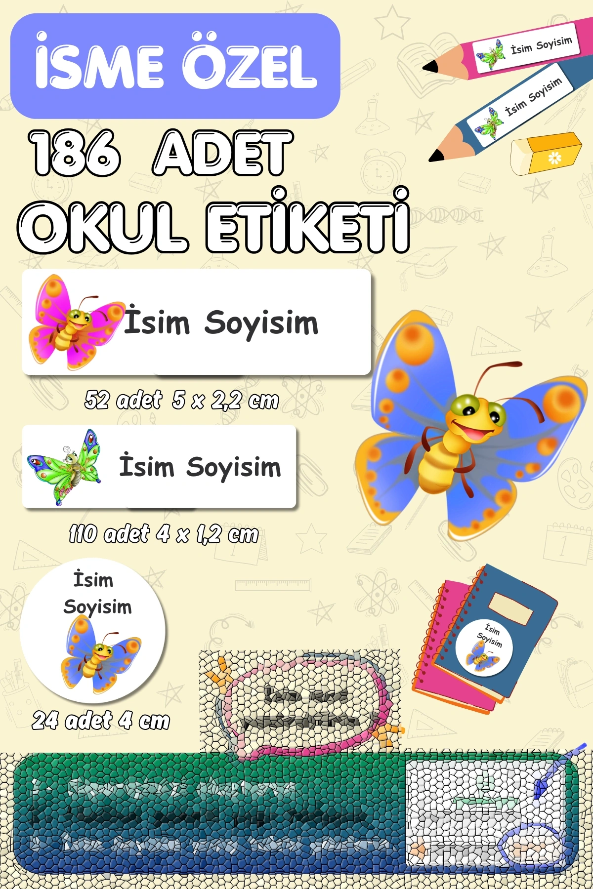 Kelebek Temalı İsme Özel 186 Adet Defter-Kalem-Kitap Etiketi