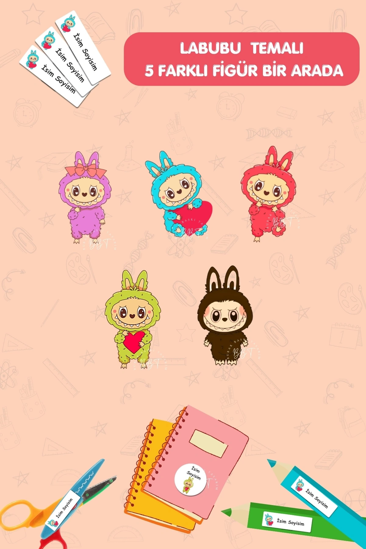 Labubu Temalı İsme Özel 186 Adet Defter-Kalem-Kitap Etiketi