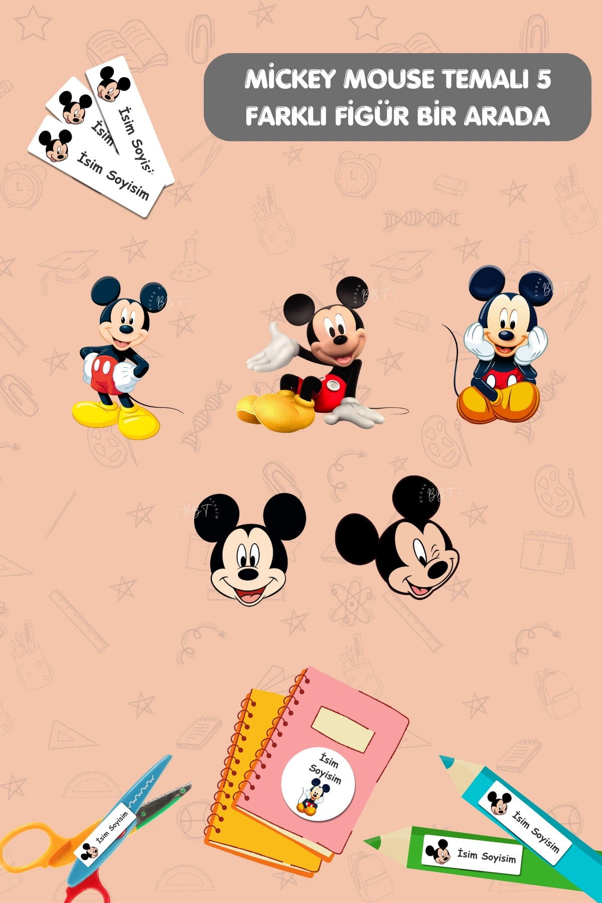 Mickey Mouse Temalı İsme Özel 186 Adet Defter-Kalem-Kitap Etiketi