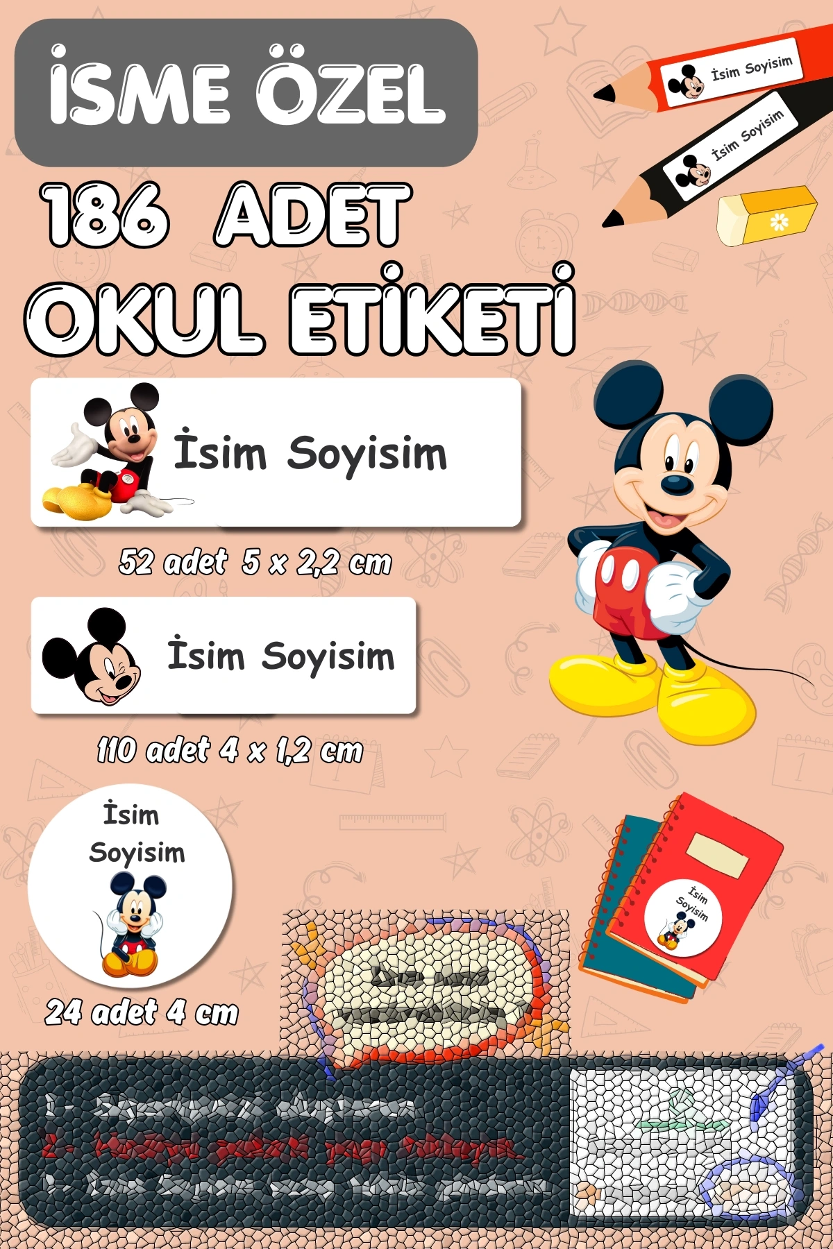 Mickey Mouse Temalı İsme Özel 186 Adet Defter-Kalem-Kitap Etiketi